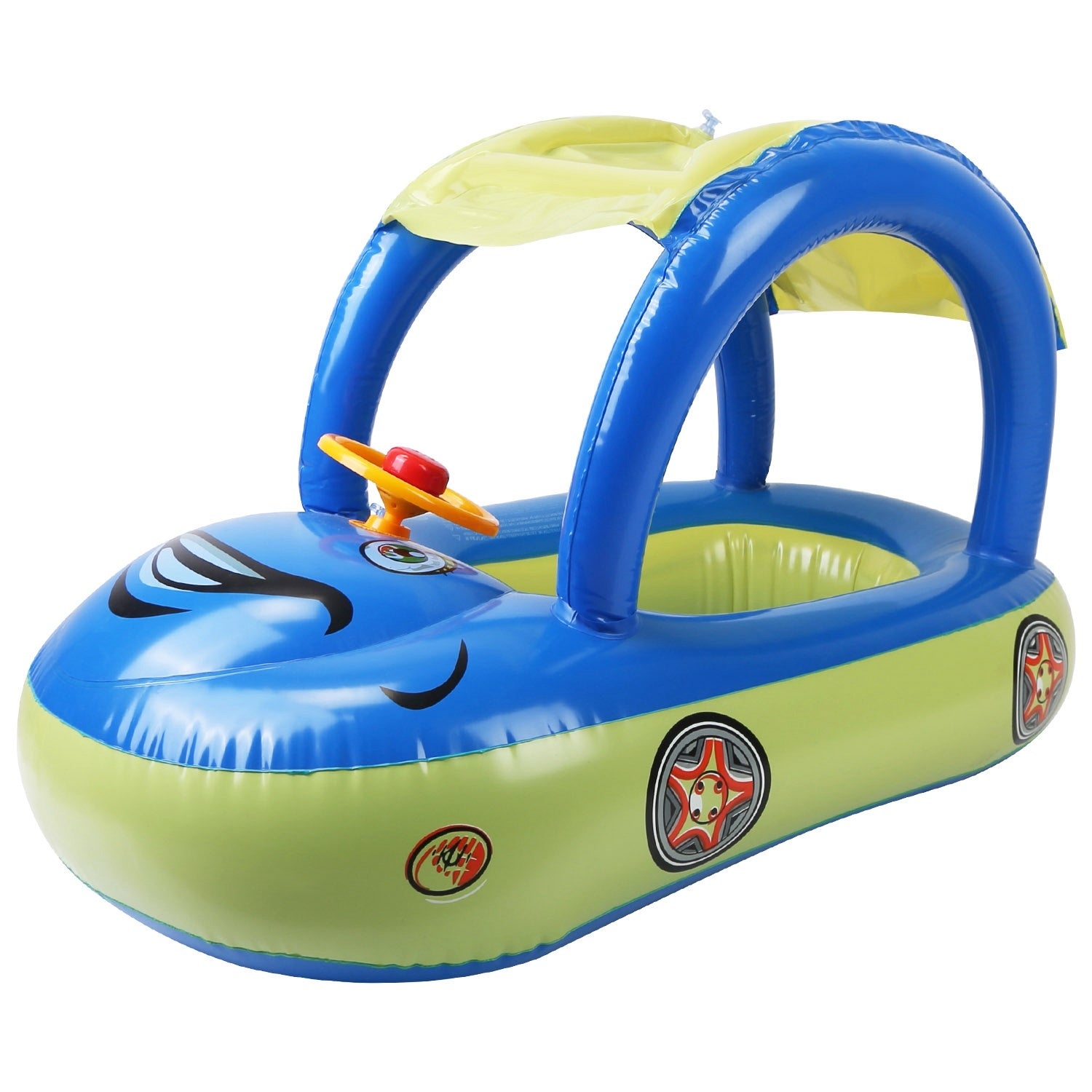 A young child smiles while sitting in a colorful Baby Inflatable Pool Float Car Shaped Toddler Swimming Float Boat Pool Toy Infant Swim Ring Pool with Sun Protection Canopy for 1-3 Year-Old Kids Infant Toddlers in a swimming pool.