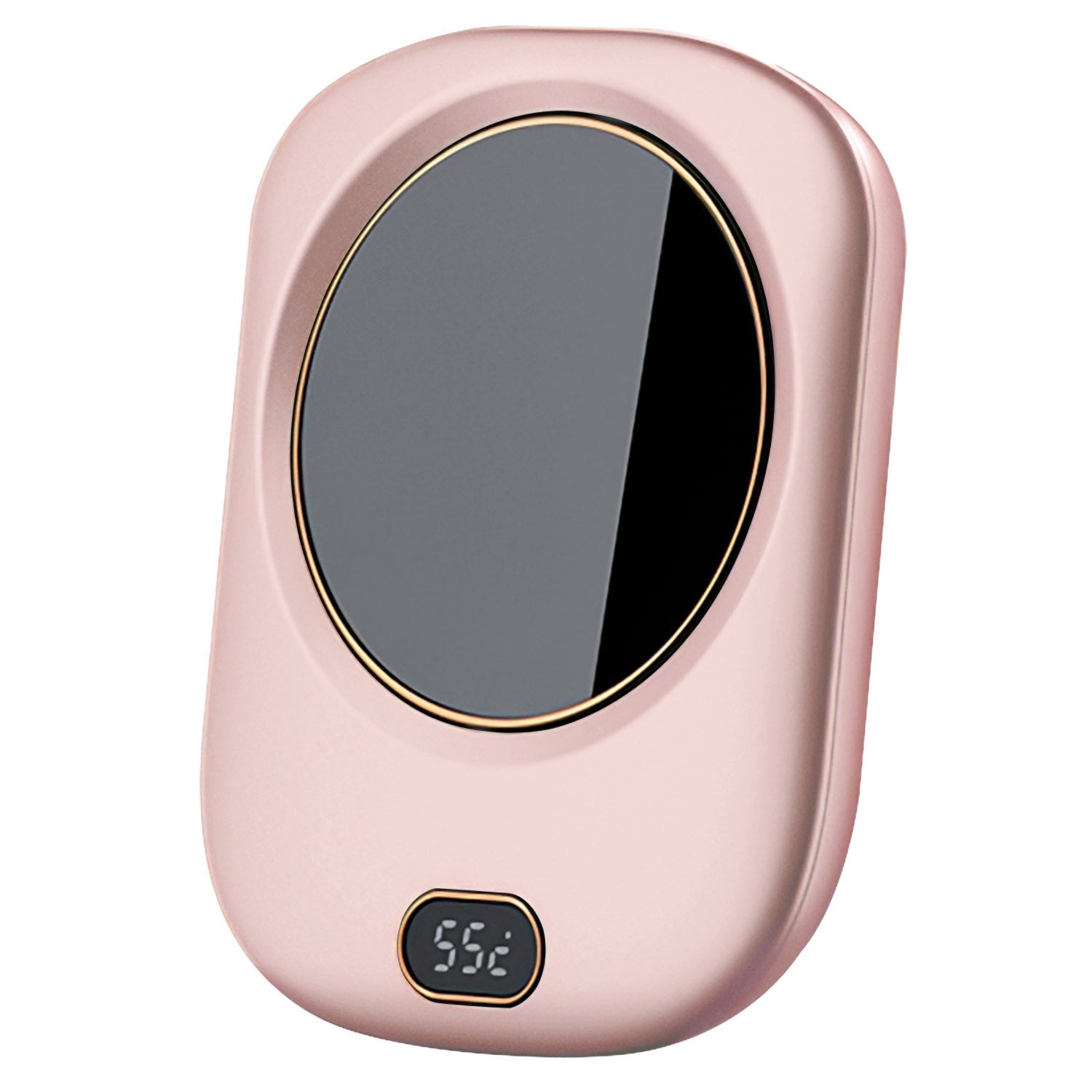 A pink Electric Coffee Mug Warmer for Desk Auto Shut off USB Tea Milk Beverage Cup 3 Temperature Setting with a digital display showing the temperature at 55 degrees Celsius and auto off feature.
