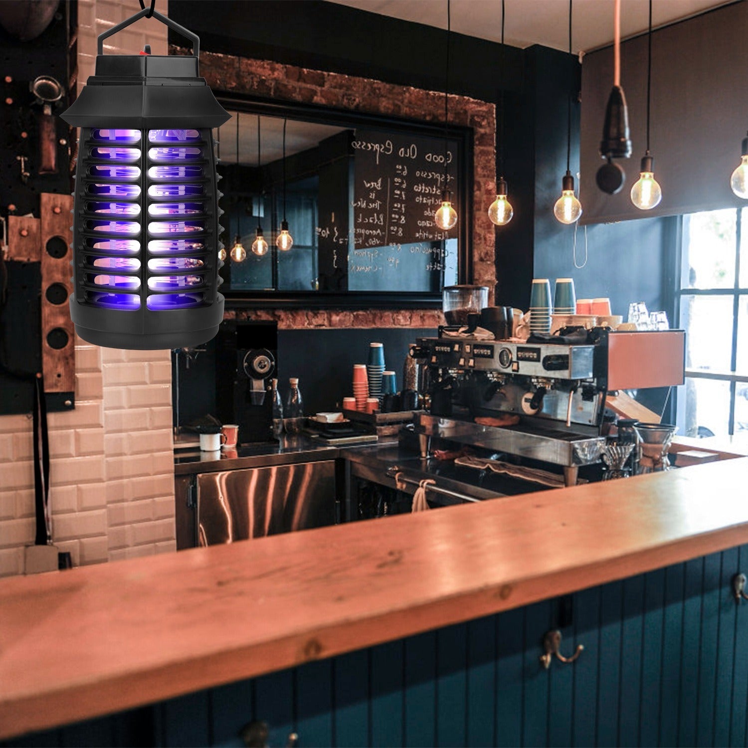 Bug Zapper Electric UV Mosquito Killer Lamp Insect Killer Light Pest Fly Trap Catcher with UV light and electric shock, surrounded by flying mosquitoes, isolated on white background.