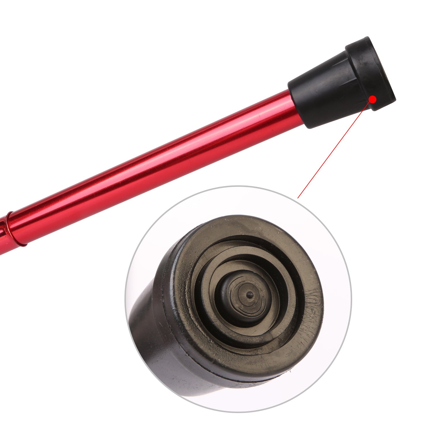 Red Walking Cane Aluminum Alloy Walking Stick Adjustable Folding Travel Hiking Stick extended and folded, isolated on a white background.