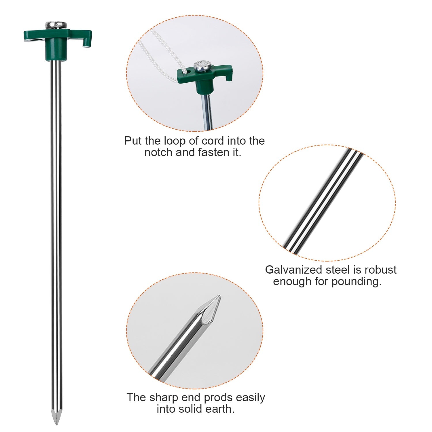 Two metal tent poles with green ends, four coiled white ropes, and twelve Tent Pegs Ropes Set 20Pcs 9.8in Heavy Duty Tent Stakes Nails Spike with 4x 9.8ft Nylon Ropes Tent Pop Up Canopy Stakes arranged symmetrically on a white background.