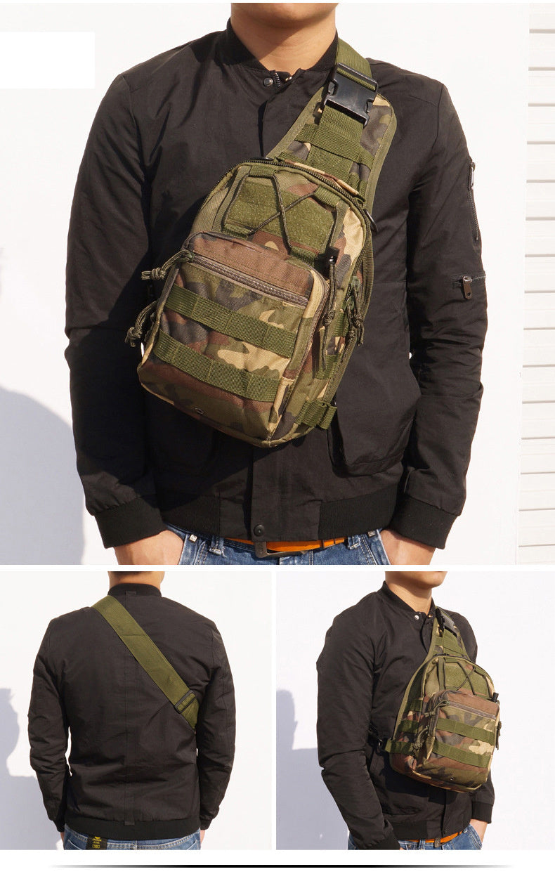 Five images of Tactical Sling Bags in different colors and camouflage patterns, displayed from various angles.