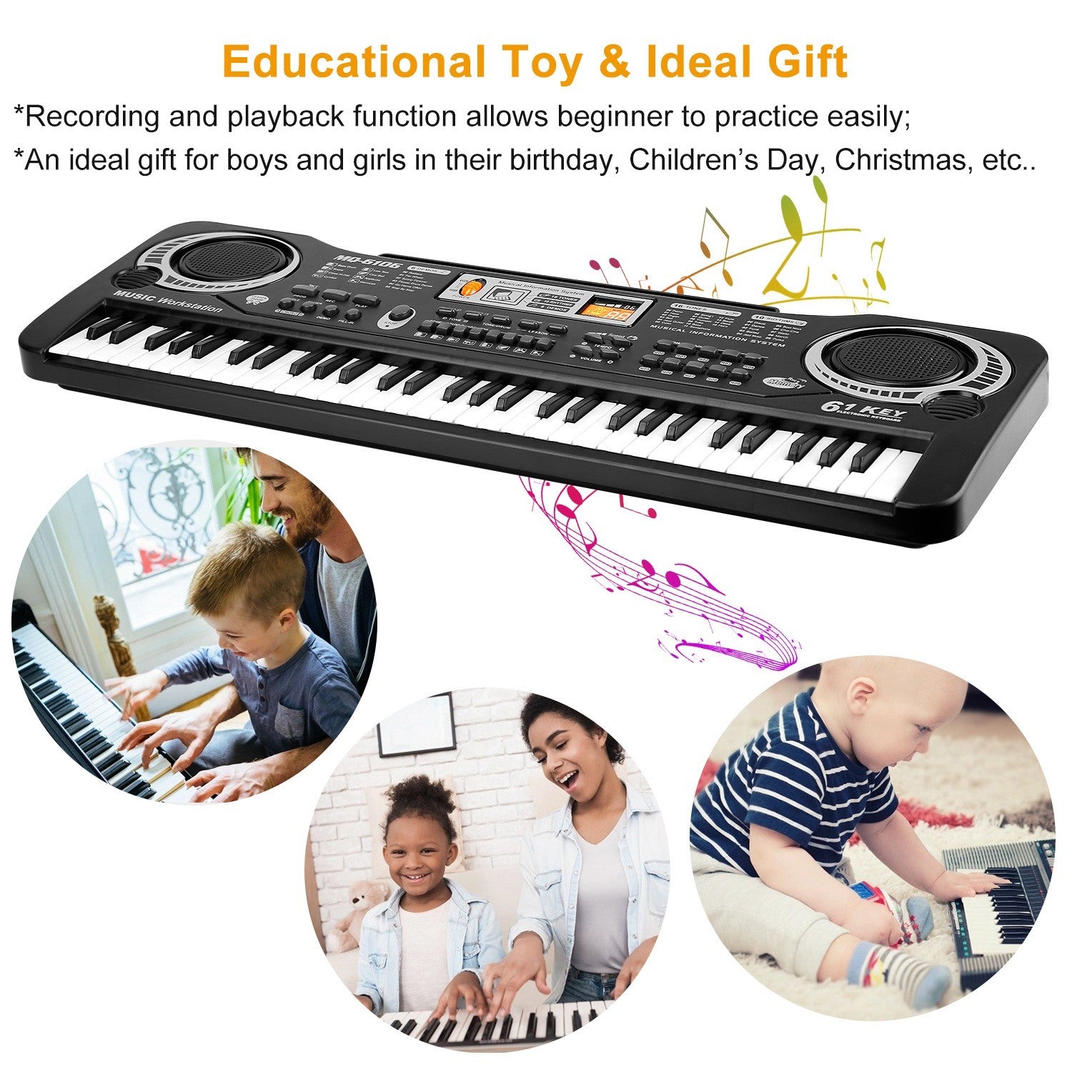 Collage of children playing musical instruments and a 61 Keys Digital Music Electronic Keyboard Electric Piano Musical Instrument Kids Learning Keyboard with features highlighted, including keys, tones, and accessories.