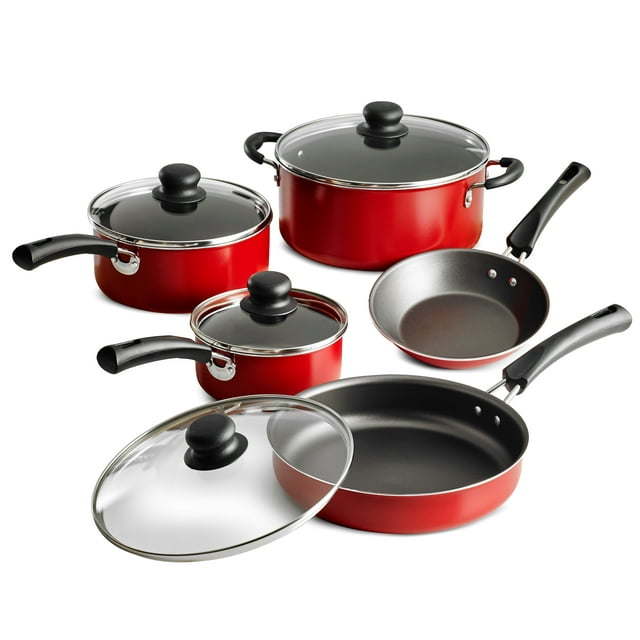 A set of new 9-Piece Non-Stick Cookware Set including two pots, a saucepan, and two frying pans, all with tempered glass lids and black handles, arranged on a white background.
