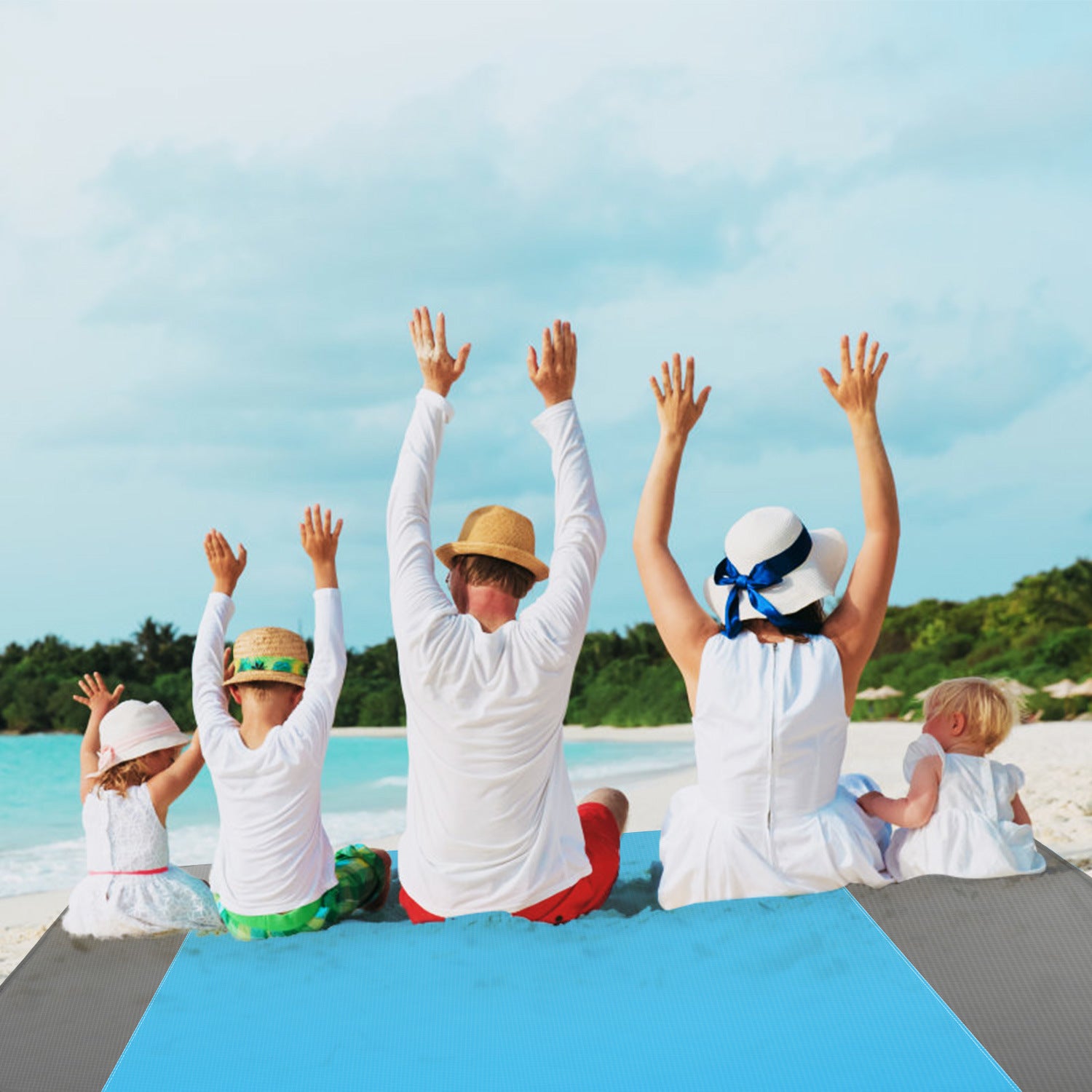 108x96.46in Sand Proof Picnic Blanket Water Resistant Foldable Camping Beach Mat with stakes and a carry bag, isolated on a white background.