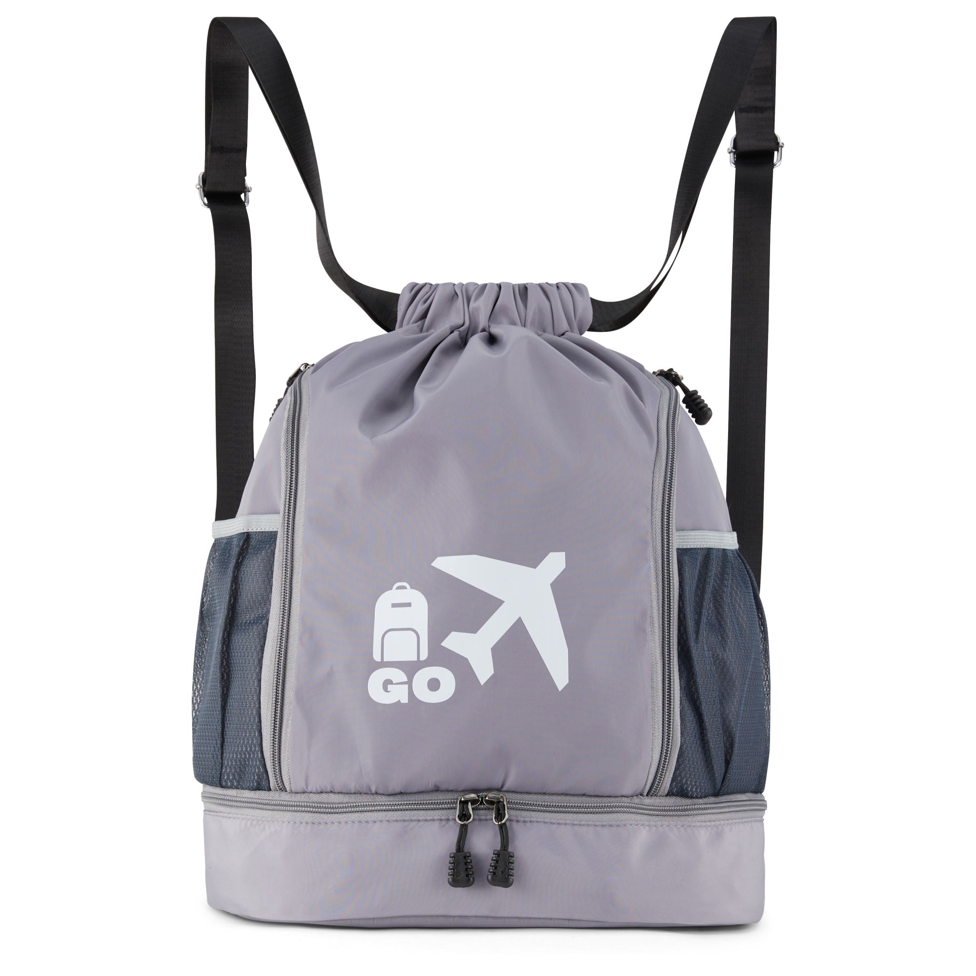 Clarissa GO Bag with a white airplane and suitcase icon, featuring an external pocket and a purple smartphone in a side holder.