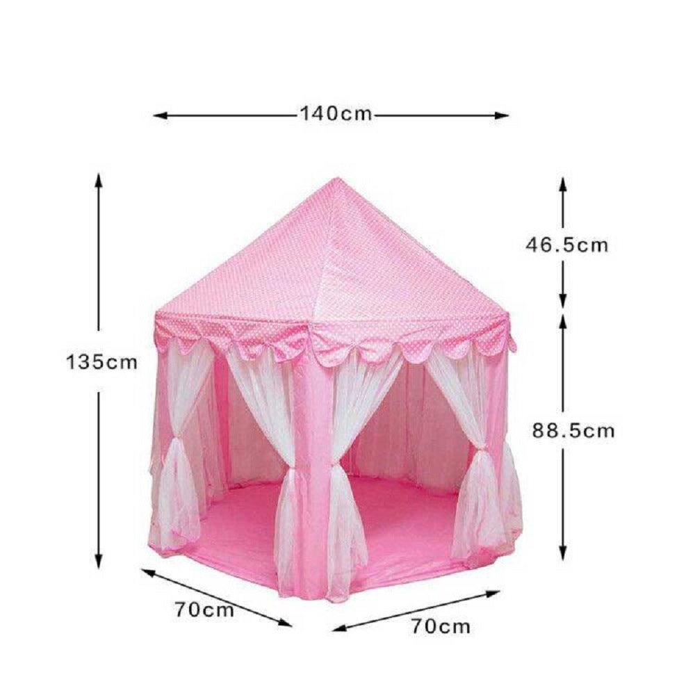 A purple children's Outdoor Indoor Portable Folding Princess Castle Tent Kids Children Funny Play Fairy House Kids Play Tent(LED Star Lights) illuminated by fairy lights at night, set up outdoors near a building.