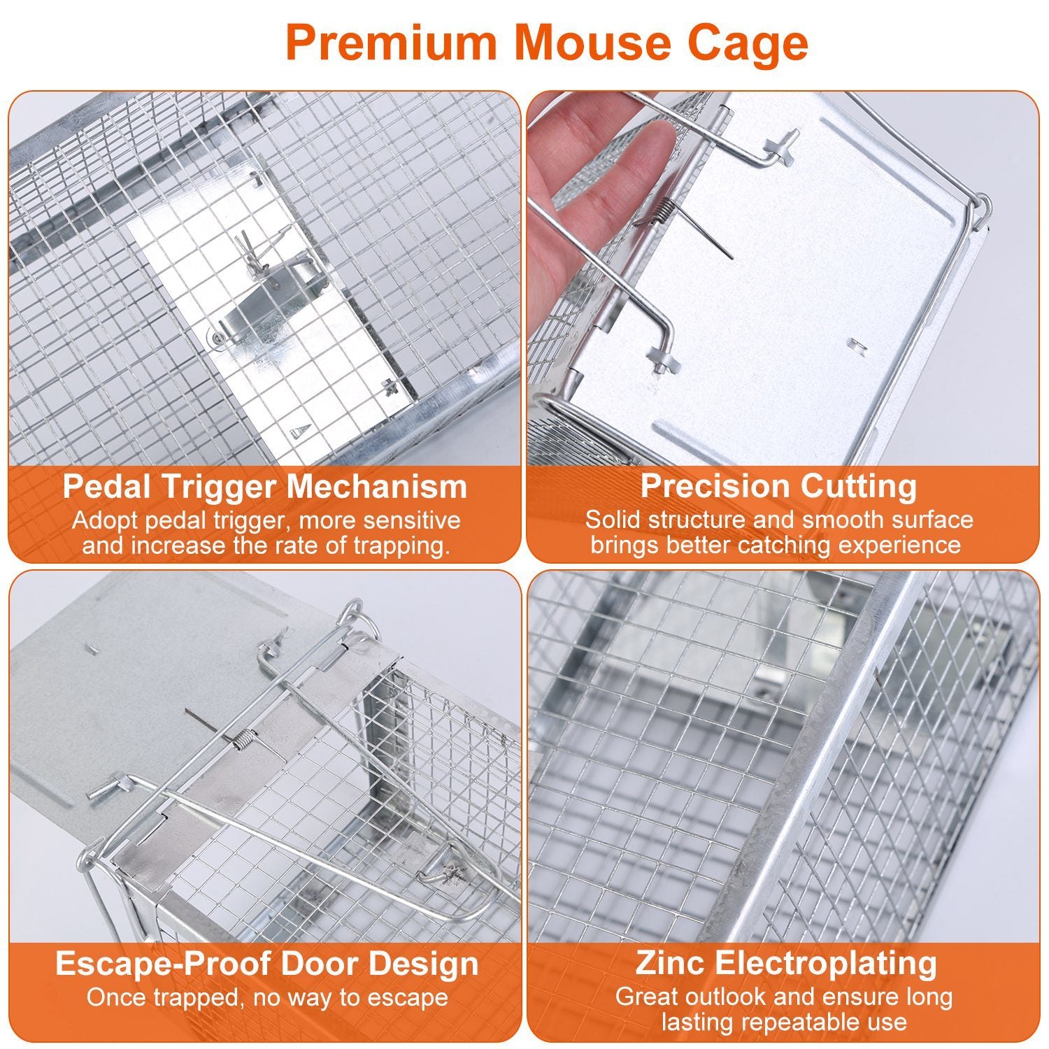 A rat approaching a Dual Door Rat Trap Cage Humane Live Rodent Dense Mesh Trap Cage Zinc Electroplating Mice Mouse Control Bait Catch with 2 Detachable U Shaped Rod, on a plain white background.