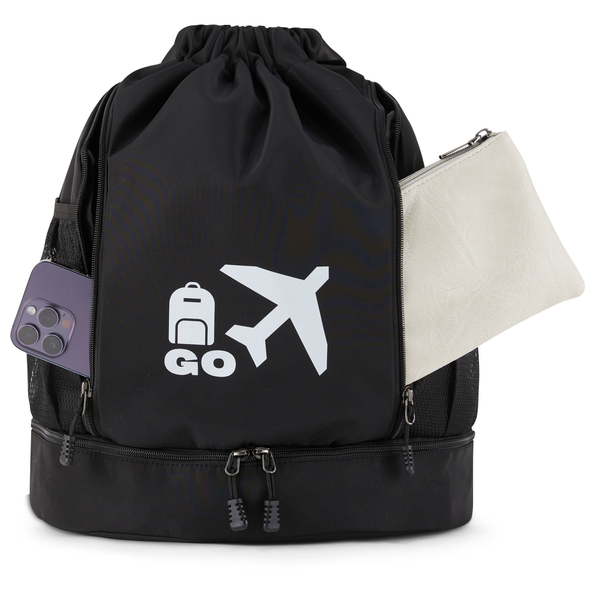 Clarissa GO Bag with a white airplane and suitcase icon, featuring an external pocket and a purple smartphone in a side holder.