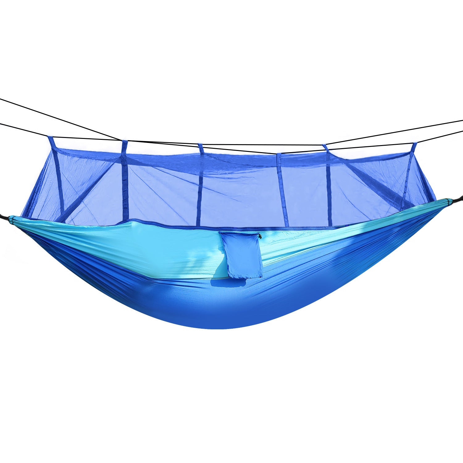 600lbs Load 2 Persons Hammock with Mosquito Net Outdoor Hiking Camping Hommock Portable Nylon Swing Hanging Bed, suspended by ropes on a white background.