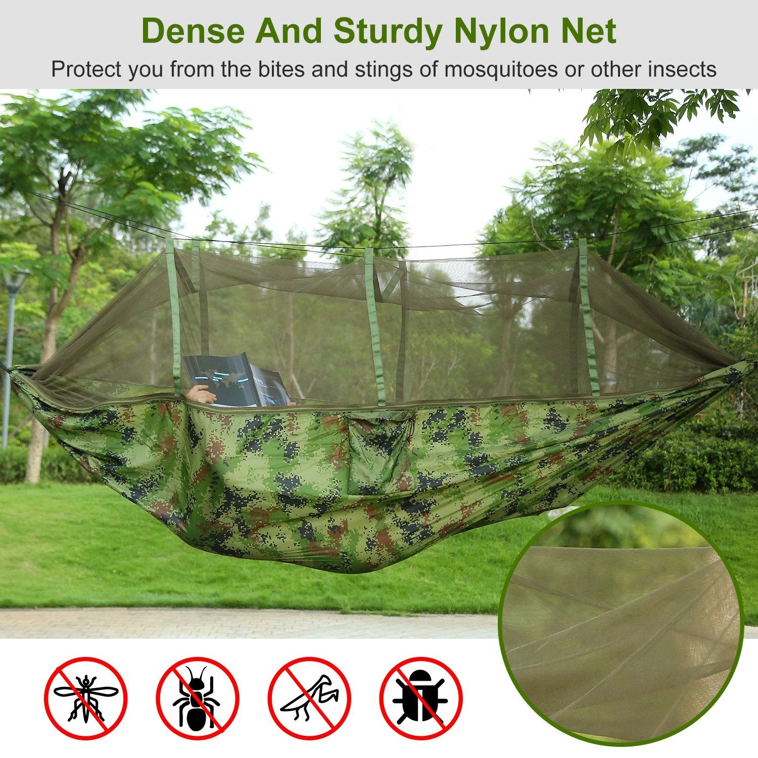 600lbs Load 2 Persons Hammock with Mosquito Net Outdoor Hiking Camping Hommock Portable Nylon Swing Hanging Bed, suspended by ropes on a white background.