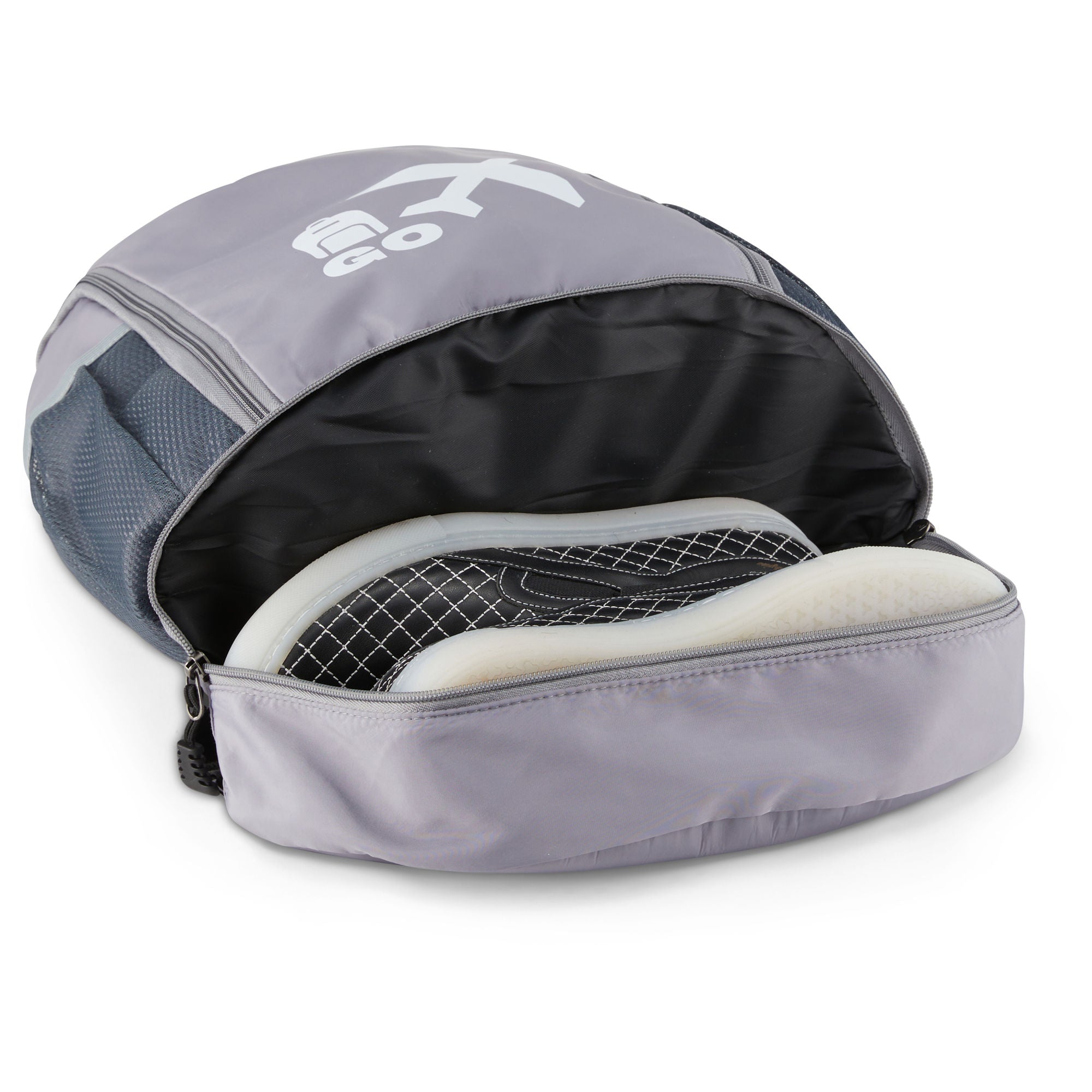 Clarissa GO Bag with a white airplane and suitcase icon, featuring an external pocket and a purple smartphone in a side holder.