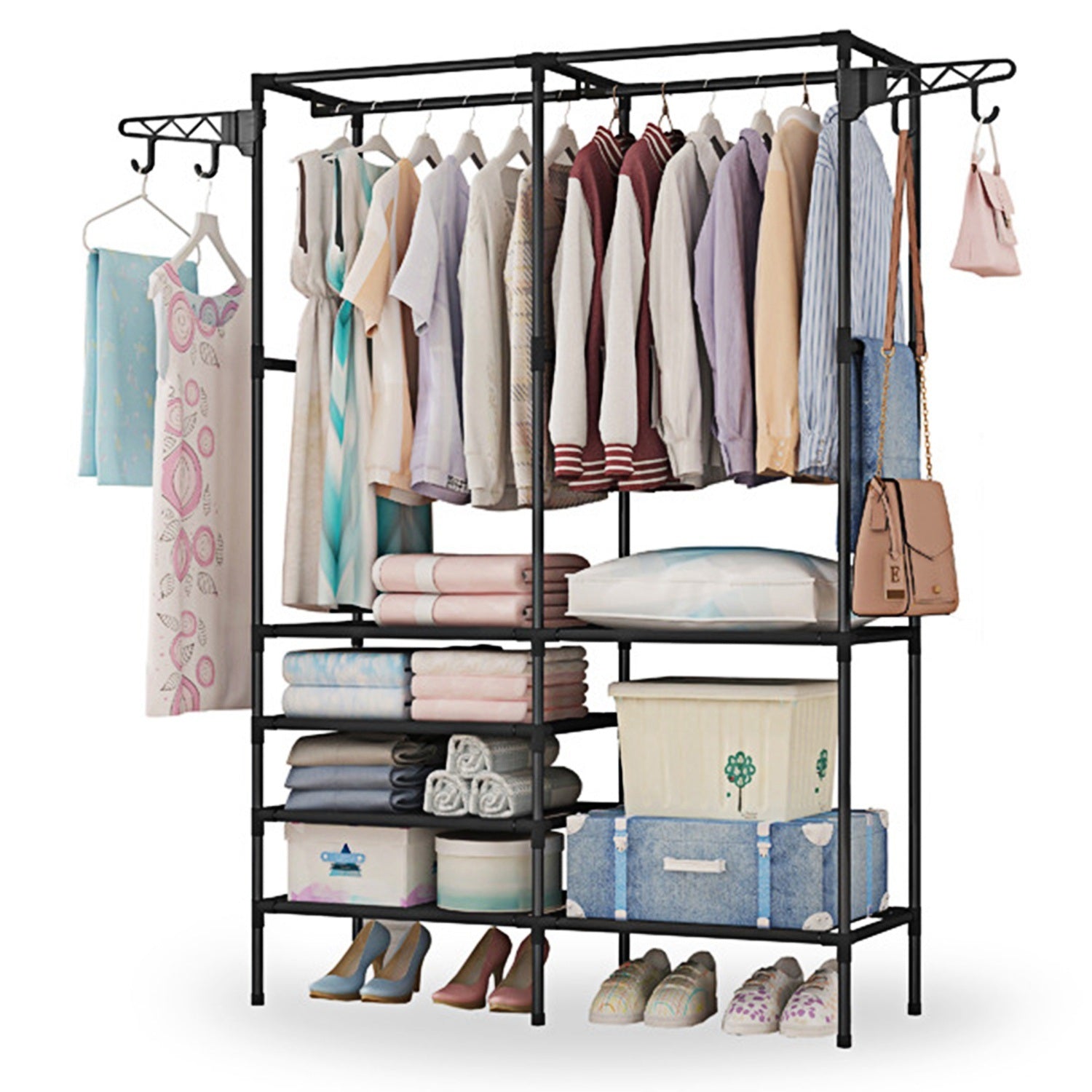 Black Metal Garment Rack Shoe Clothing Organizer Shelves Freestanding Multifunctional Clothes Wardrobe with multiple shelves and hanging bars, featuring additional hooks on the top side for extra storage.