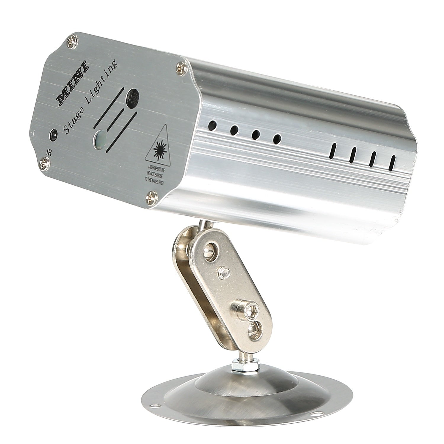 Sound Activated LED Projector Laser Patterns Laser Party Lights Disco Bar Music Strobe Lights on a pivoting mount with remote control, isolated on a white background.