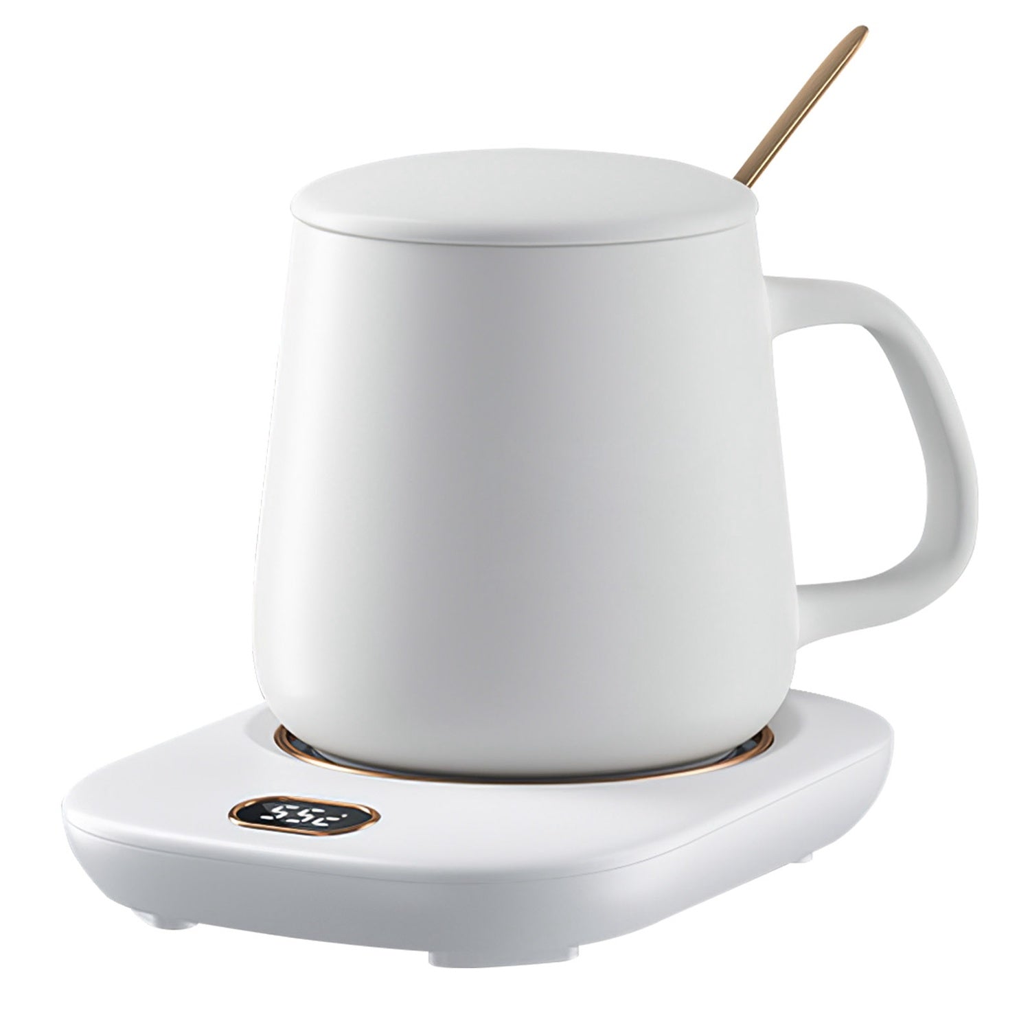 A pink Electric Coffee Mug Warmer for Desk Auto Shut off USB Tea Milk Beverage Cup 3 Temperature Setting with a digital display showing the temperature at 55 degrees Celsius and auto off feature.