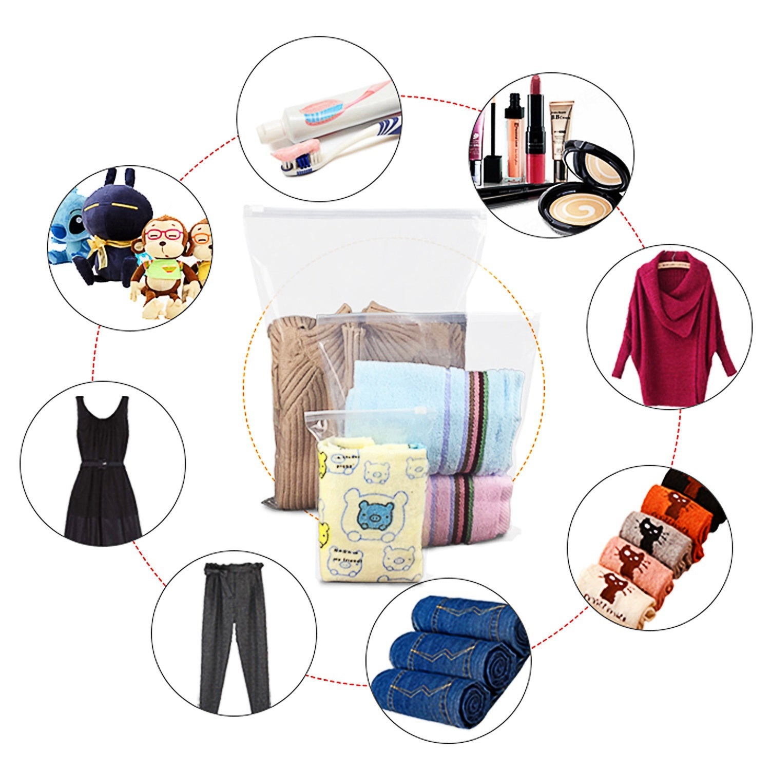 Set of four 9Pcs Clothes Storage Bags Water-Resistant Travel Luggage Organizer Clothing Packing Cubes of varying sizes with clothing items, displayed next to a folded floral blouse, all on a white background.