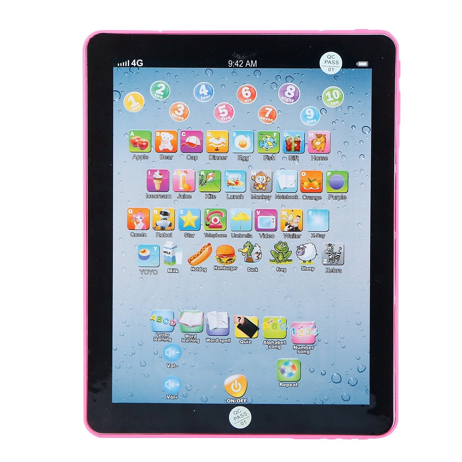 A young girl smiles while leaning on her arm next to an advertisement for a Baby Learning Tablet Educational Mini Pads Toys Touch Learn Toddler Tablet For ABC Numbers Words Gift, highlighting apps for kids aged 1-6.