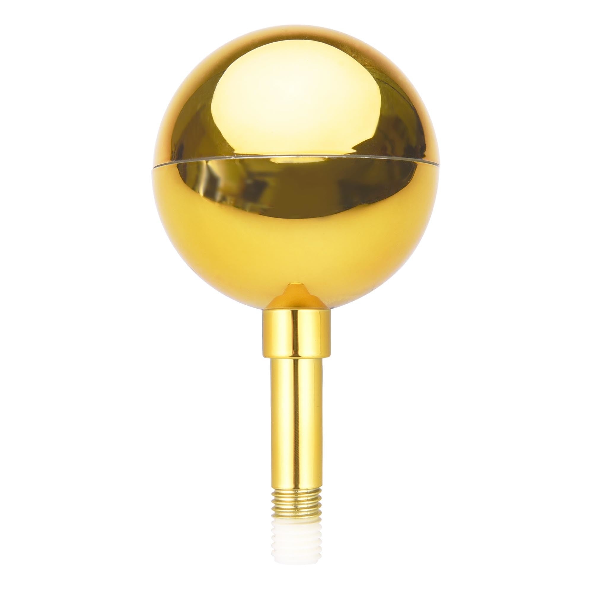 A Gold Ball For 16ft 20ft 25ft Flag Pole atop a threaded post, split horizontally in the center, isolated on a white background.