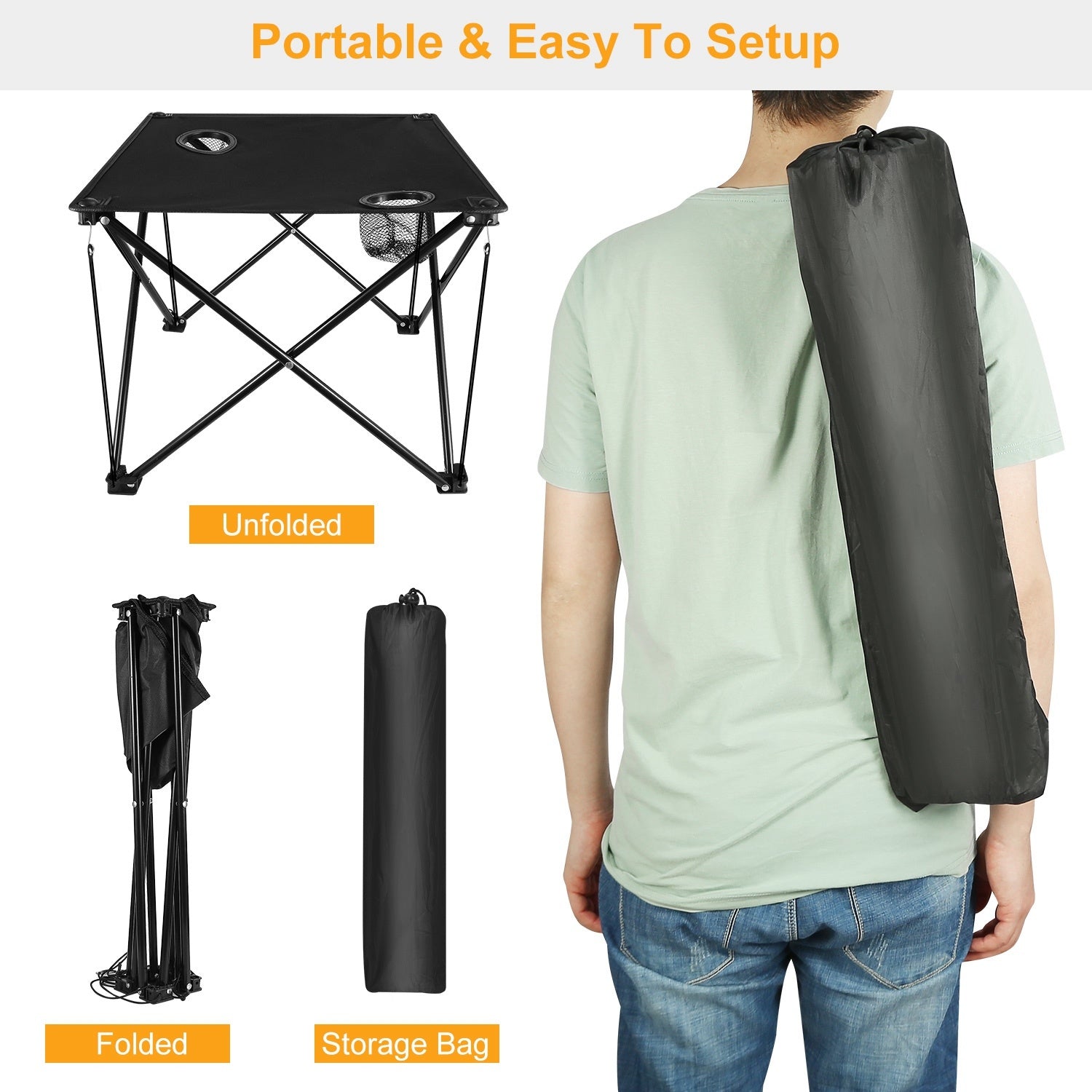 Portable black camping chair with two cup holders, made from sturdy 600D Oxford fabric, shown both set up and folded inside a carry bag.