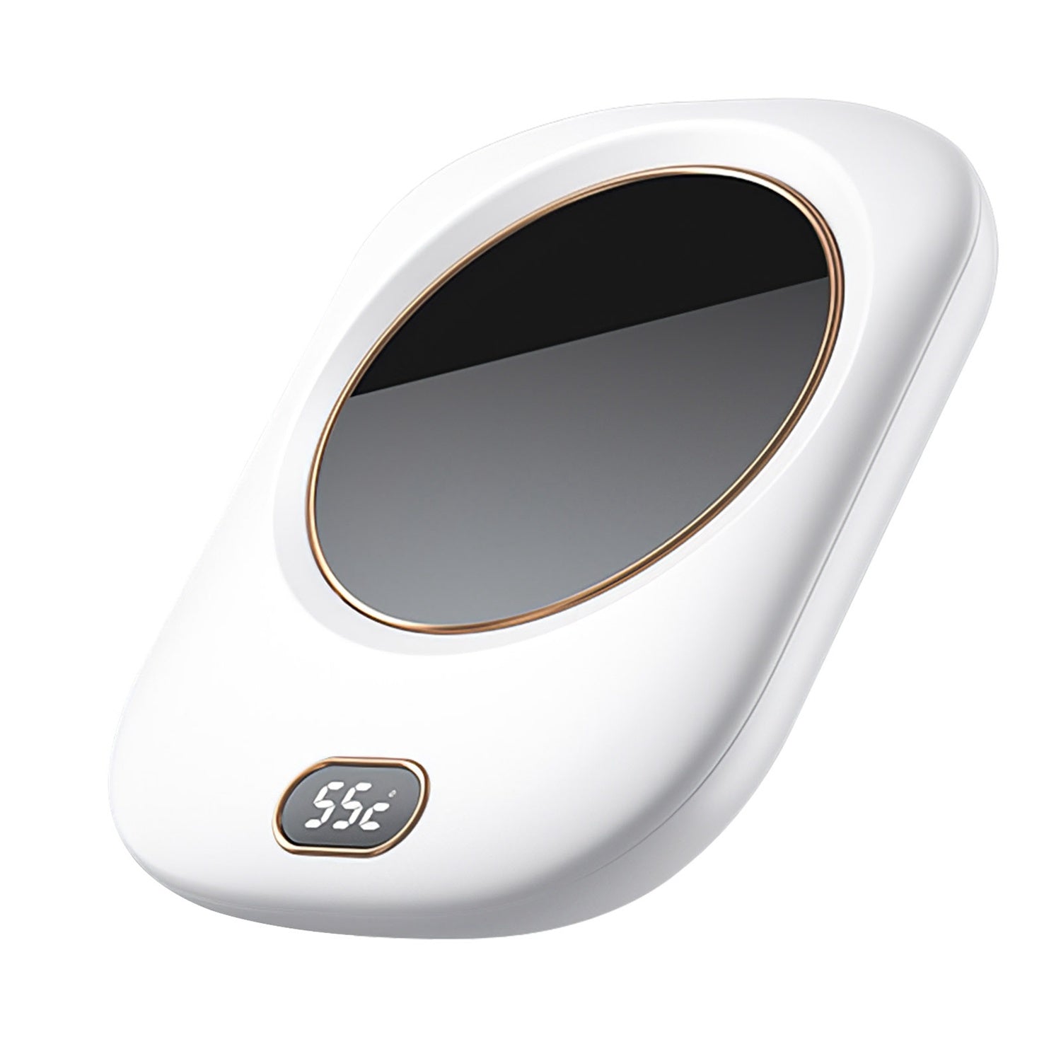 A pink Electric Coffee Mug Warmer for Desk Auto Shut off USB Tea Milk Beverage Cup 3 Temperature Setting with a digital display showing the temperature at 55 degrees Celsius and auto off feature.