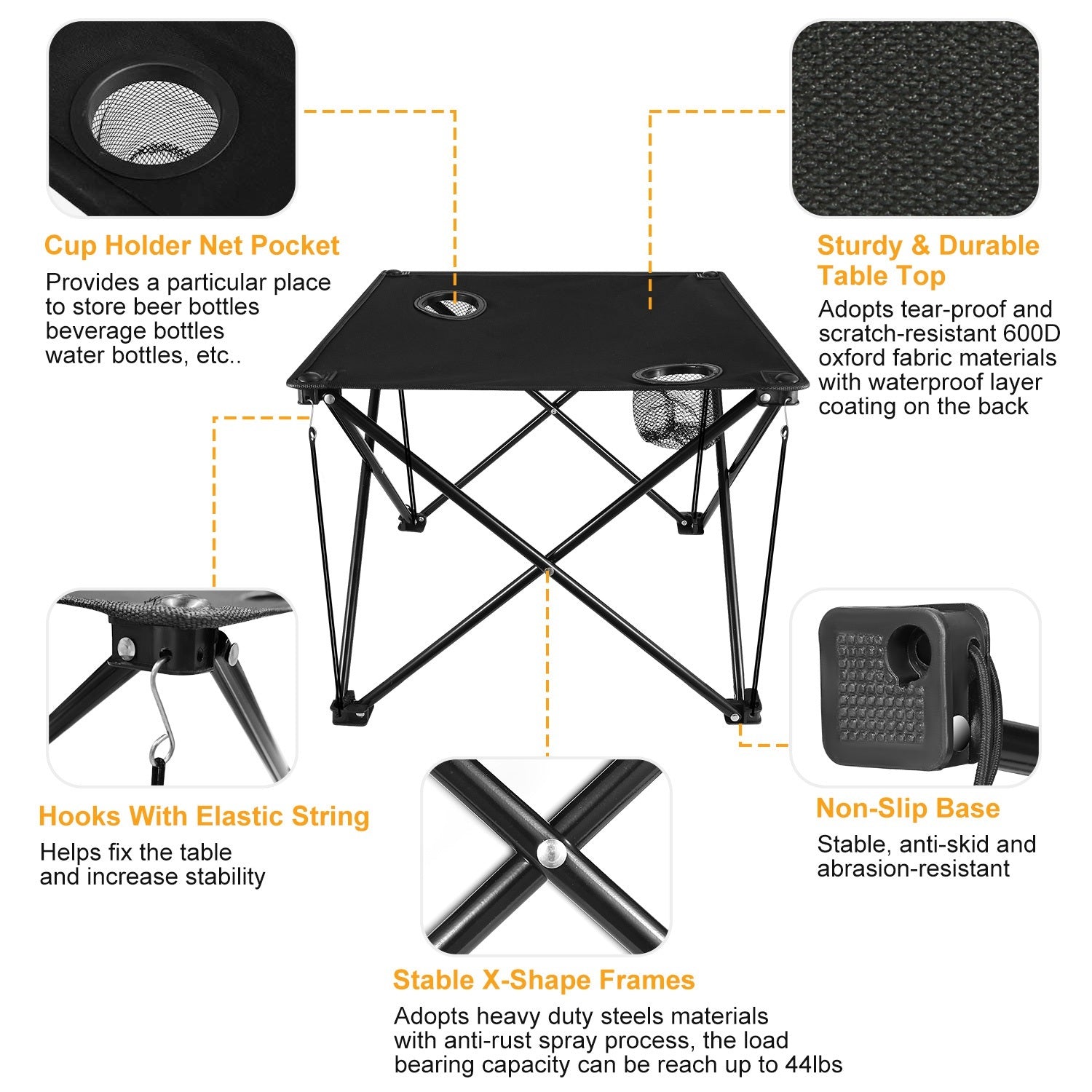 Portable black camping chair with two cup holders, made from sturdy 600D Oxford fabric, shown both set up and folded inside a carry bag.