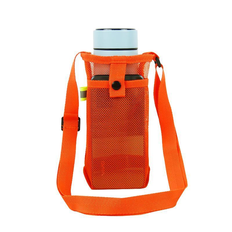Black mesh Water and Phone bag with a shoulder strap and a blue water bottle partially visible at the top.