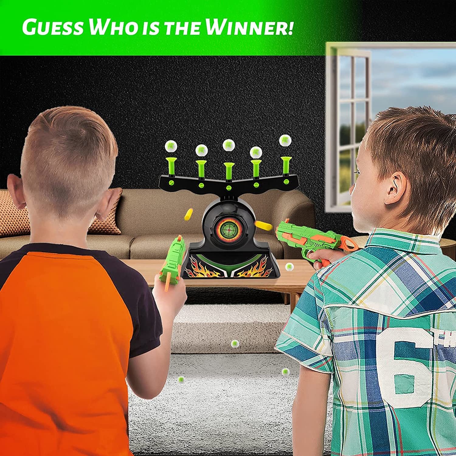 A toy hover shot game set, featuring a neon green and orange Shooting Targets for Nerf Guns Shooting Game Glow in The Dark Floating Ball Target Practice Toys for Kids Boys Hover Shot 1 Blaster Toy Gun 10 Soft Foam Balls 3 Darts Gift, floating ball targets on air streams, and packaging.