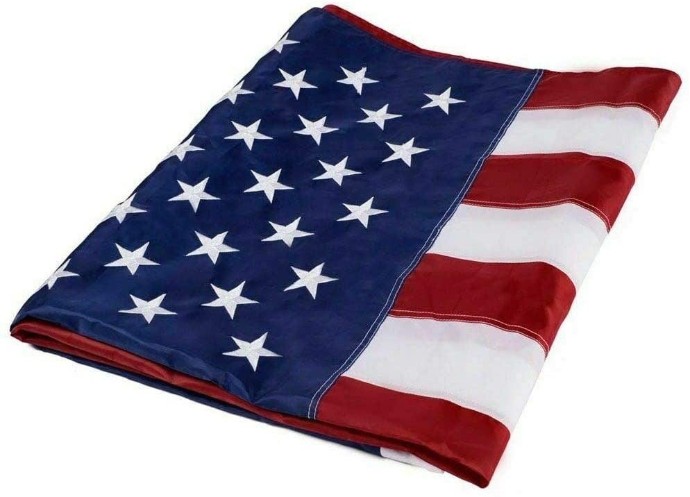 An American Flag 5x8 ft with a unique design, featuring a single large star replacing the usual field of 50 stars, against the standard thirteen red and white stripes. The star is intricately embroidered, showcasing detailed craftsmanship.