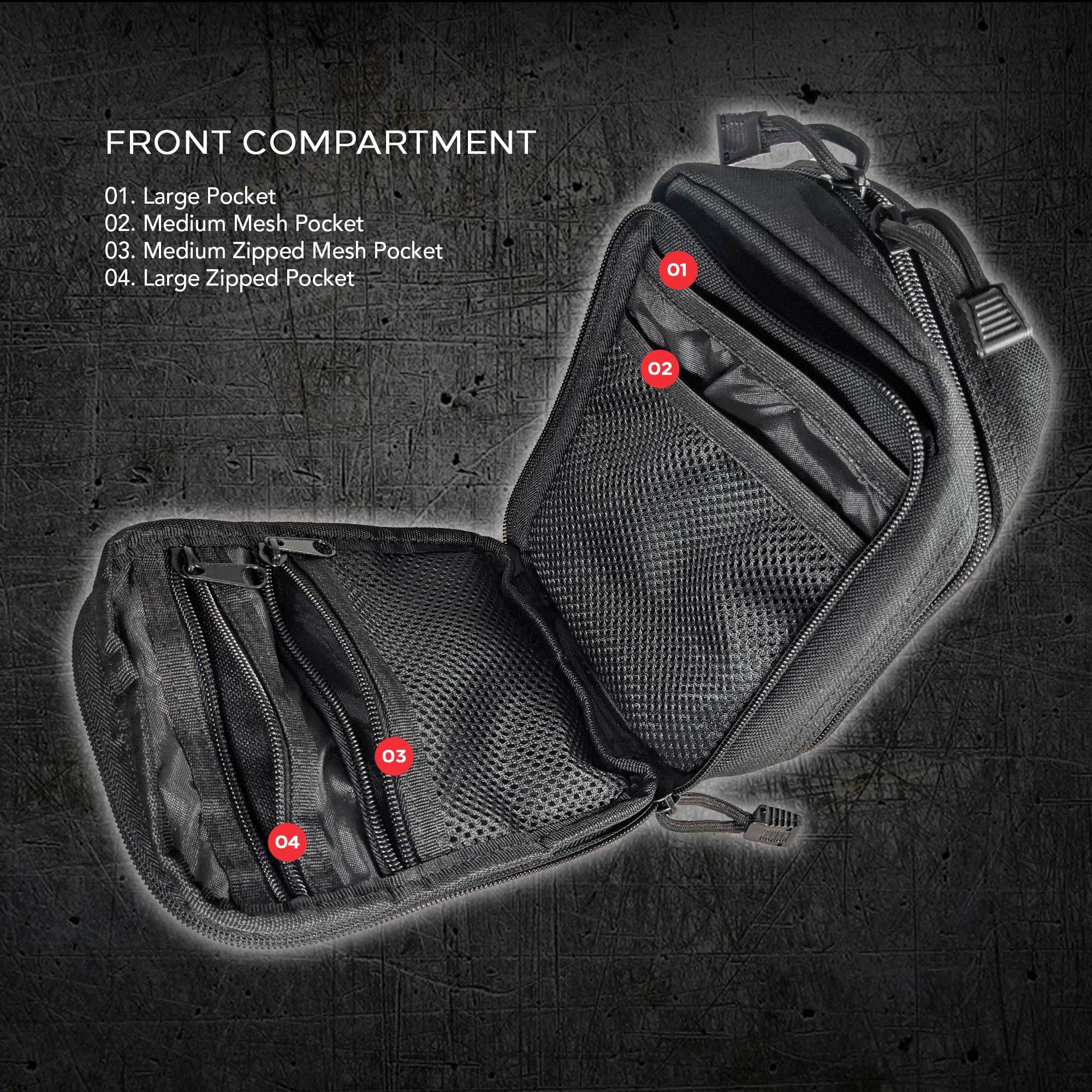 Three black tactical pouches made of 1000D Nylon with zippers, one open to reveal internal compartments, isolated on a white background.