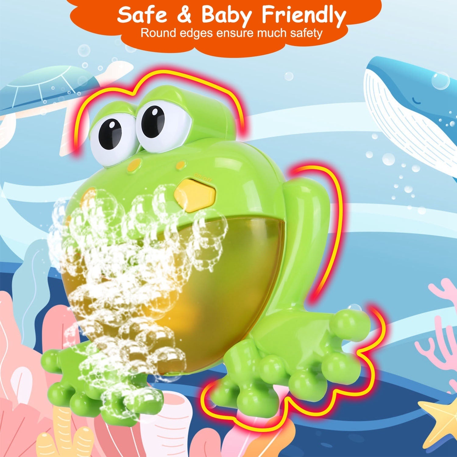 A whimsical Frog Musical Bubble Bath Maker releasing soap foam, isolated on a white background.