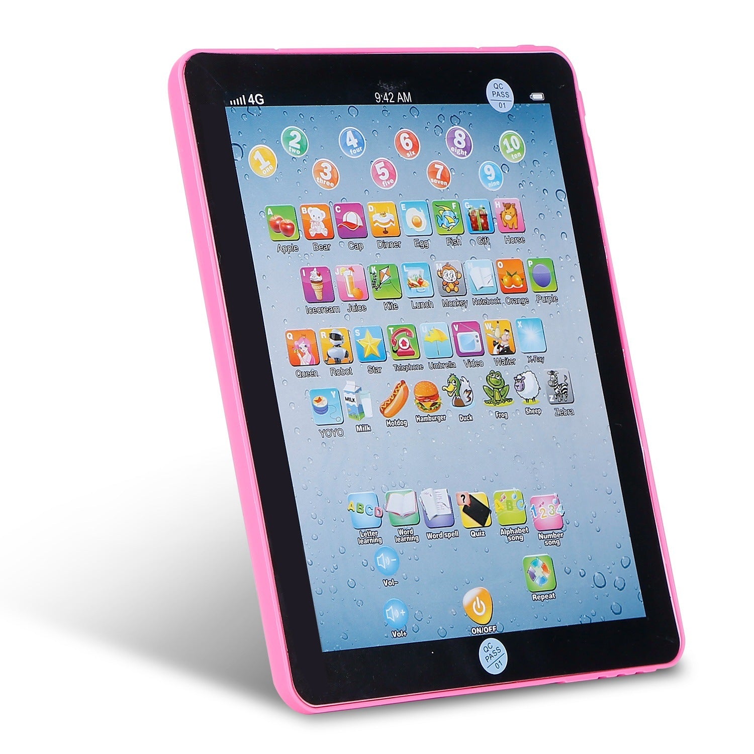 A young girl smiles while leaning on her arm next to an advertisement for a Baby Learning Tablet Educational Mini Pads Toys Touch Learn Toddler Tablet For ABC Numbers Words Gift, highlighting apps for kids aged 1-6.
