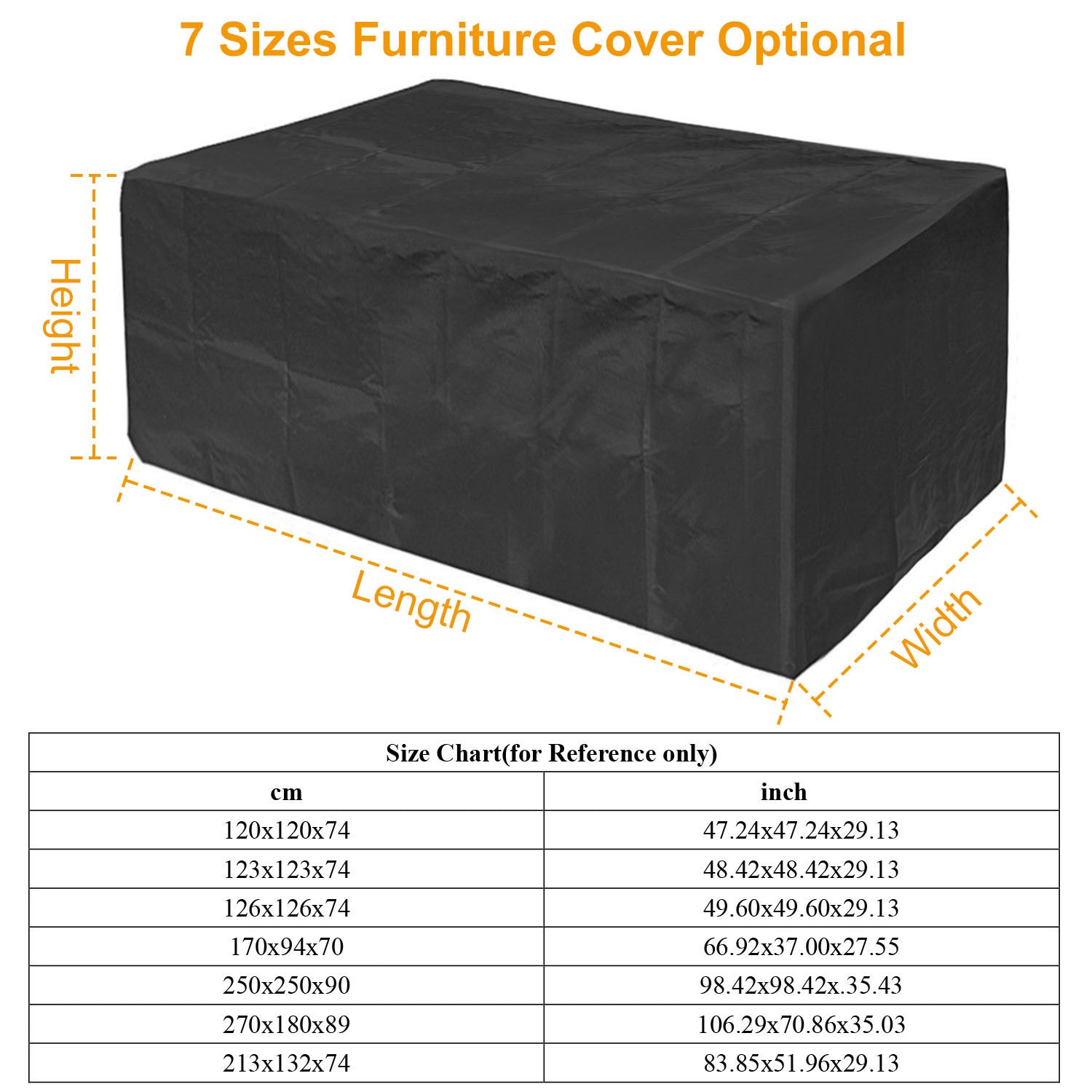 Large black 210D Waterproof Outdoor Furniture Cover made of Oxford cloth on a balcony, labeled as waterproof, anti-UV, windproof, and snow resistant, with an inset showing the cover in use and its storage bag.