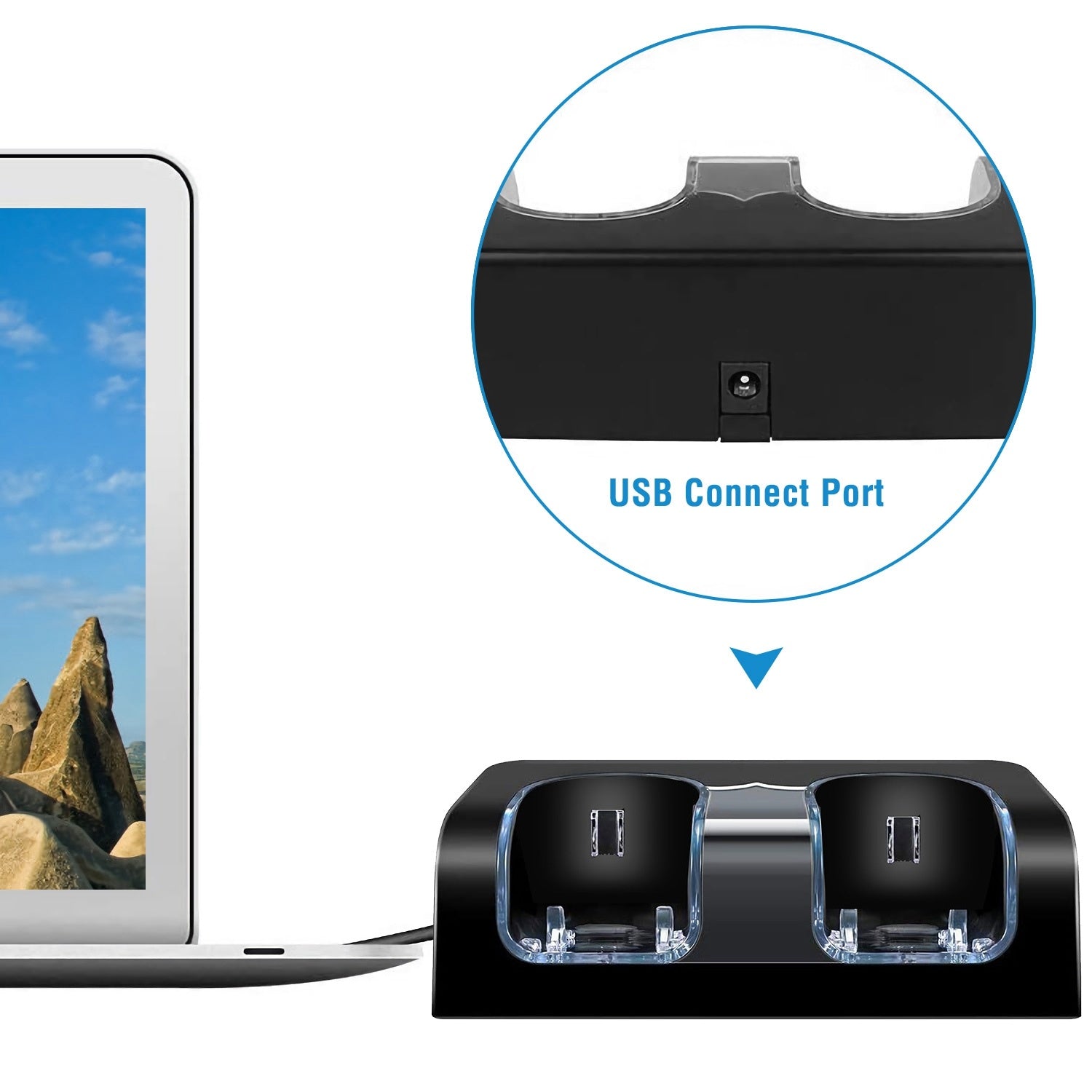 A For Wii Remote Controller Charger Dual Charge Dock with Two 2800mAh Rechargeable Batteries station for gaming controllers with rechargeable batteries, a USB cable, and safety feature icons displayed.