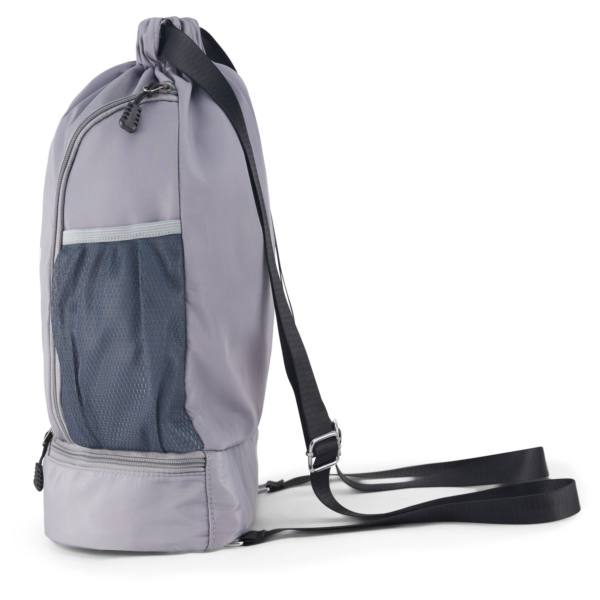 Clarissa GO Bag with a white airplane and suitcase icon, featuring an external pocket and a purple smartphone in a side holder.