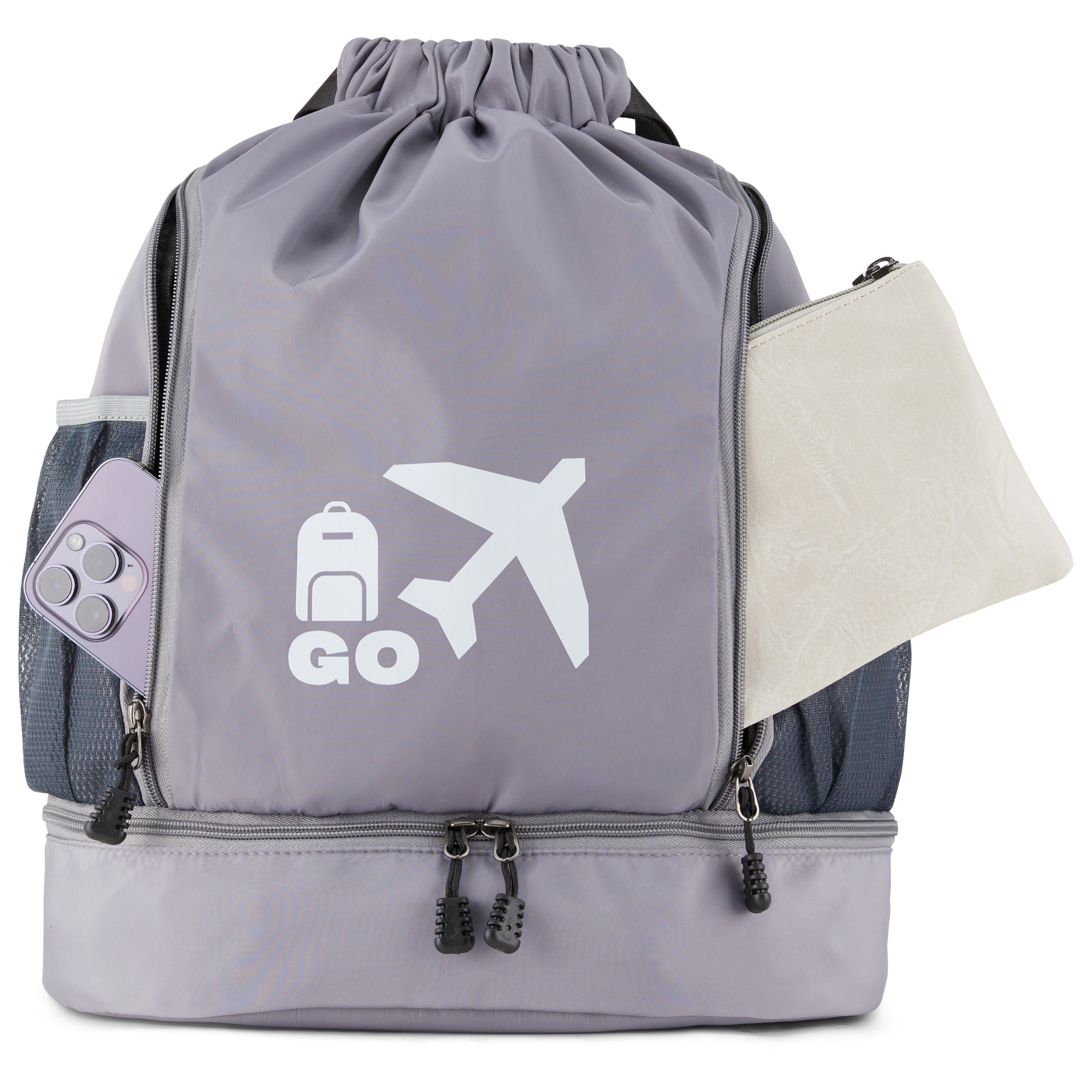 Clarissa GO Bag with a white airplane and suitcase icon, featuring an external pocket and a purple smartphone in a side holder.