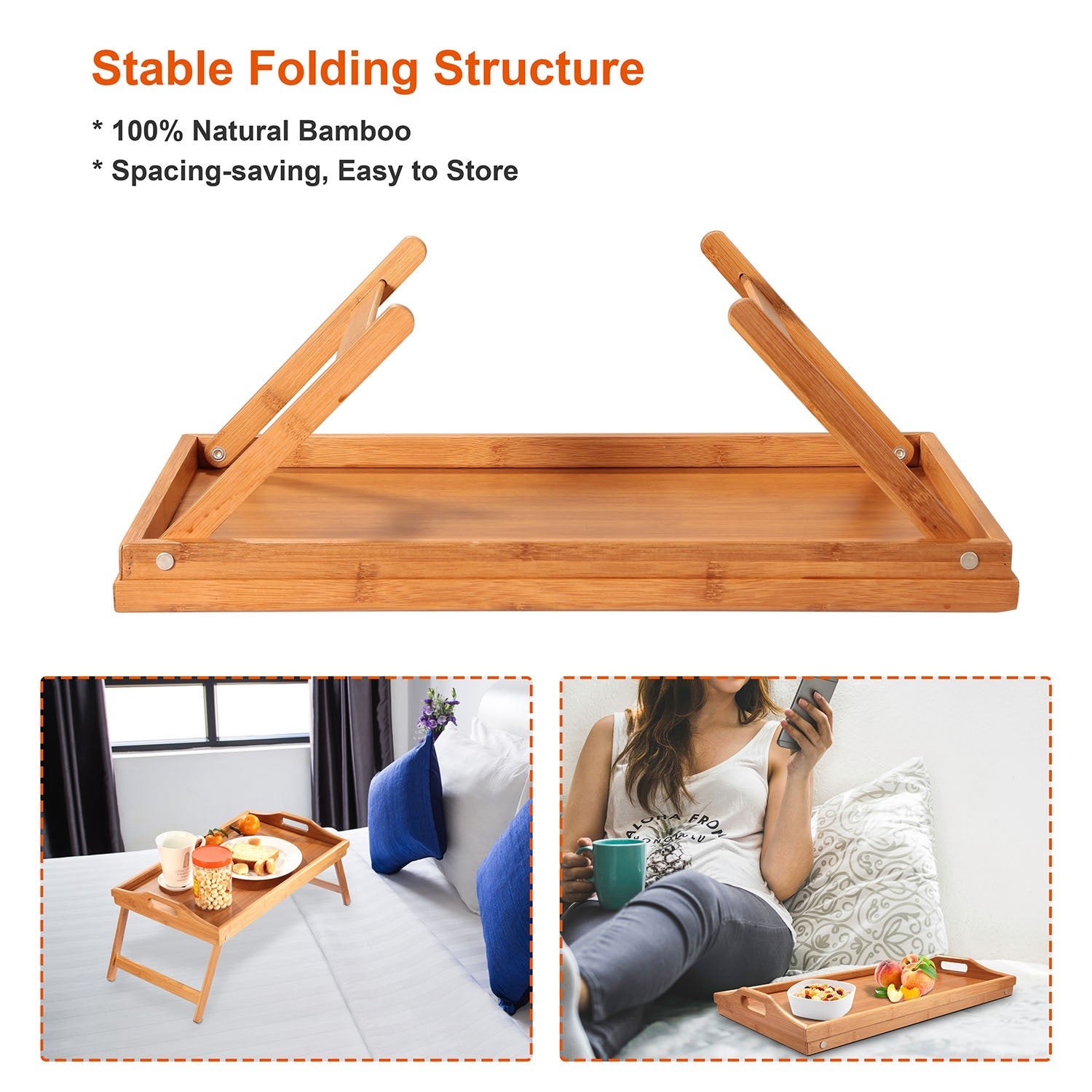 Bamboo Folding Bed Table Breakfast Tray with legs, holding a cup, fruits, a jar of nuts, and a plate with cheese and crackers, on a white background.