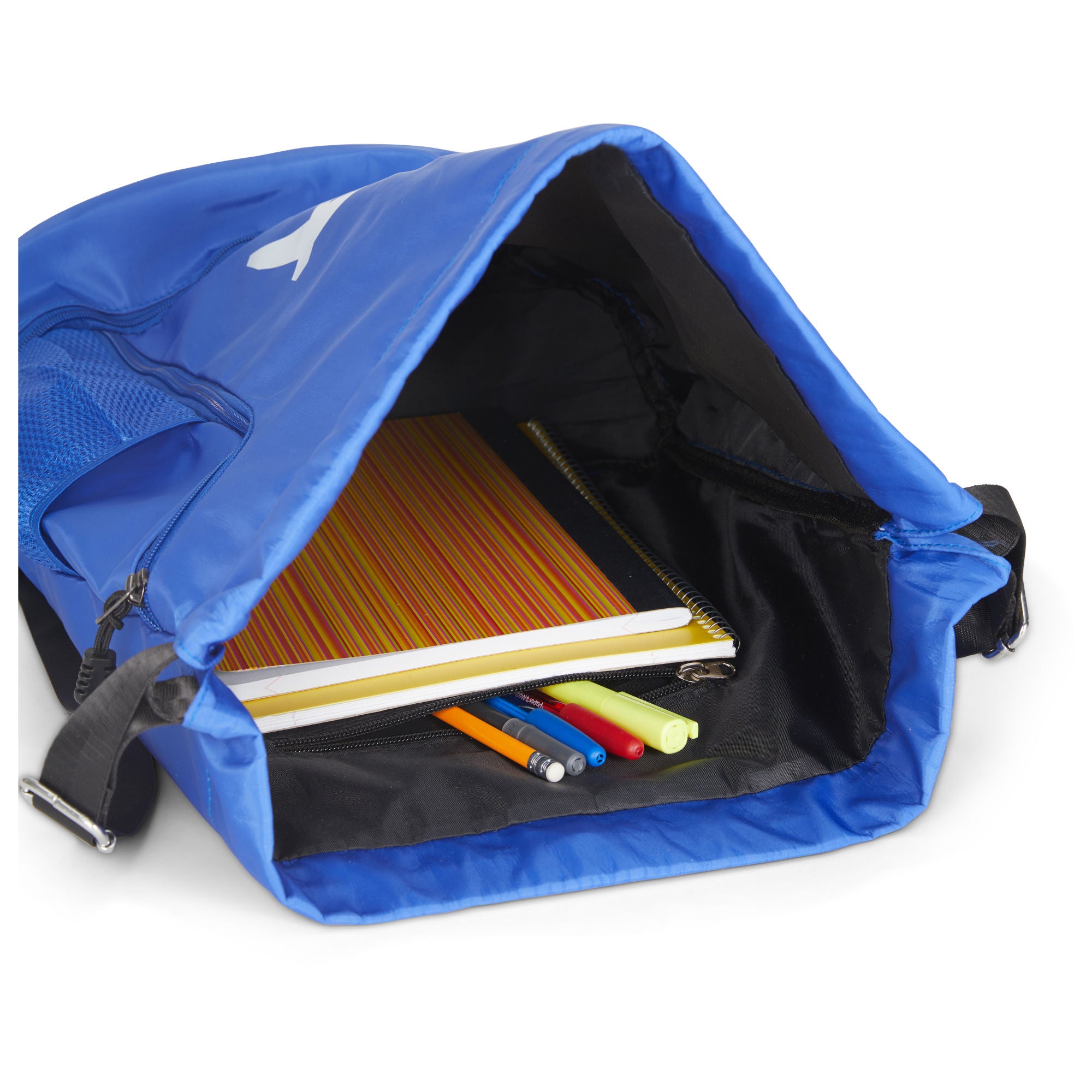 Clarissa GO Bag with a white airplane and suitcase icon, featuring an external pocket and a purple smartphone in a side holder.