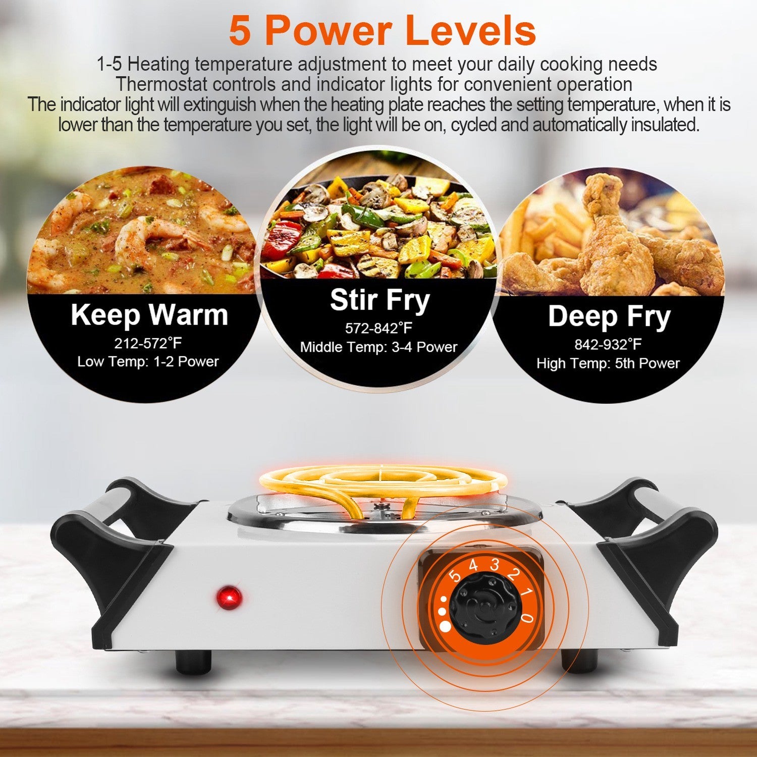 Sentence with Product Name: 1000W Electric Single Burner Portable Coil Heating Hot Plate Stove Countertop RV Hotplate with 5 Temperature Adjustments Portable Handles displayed with a man cooking on it in a kitchen setup.