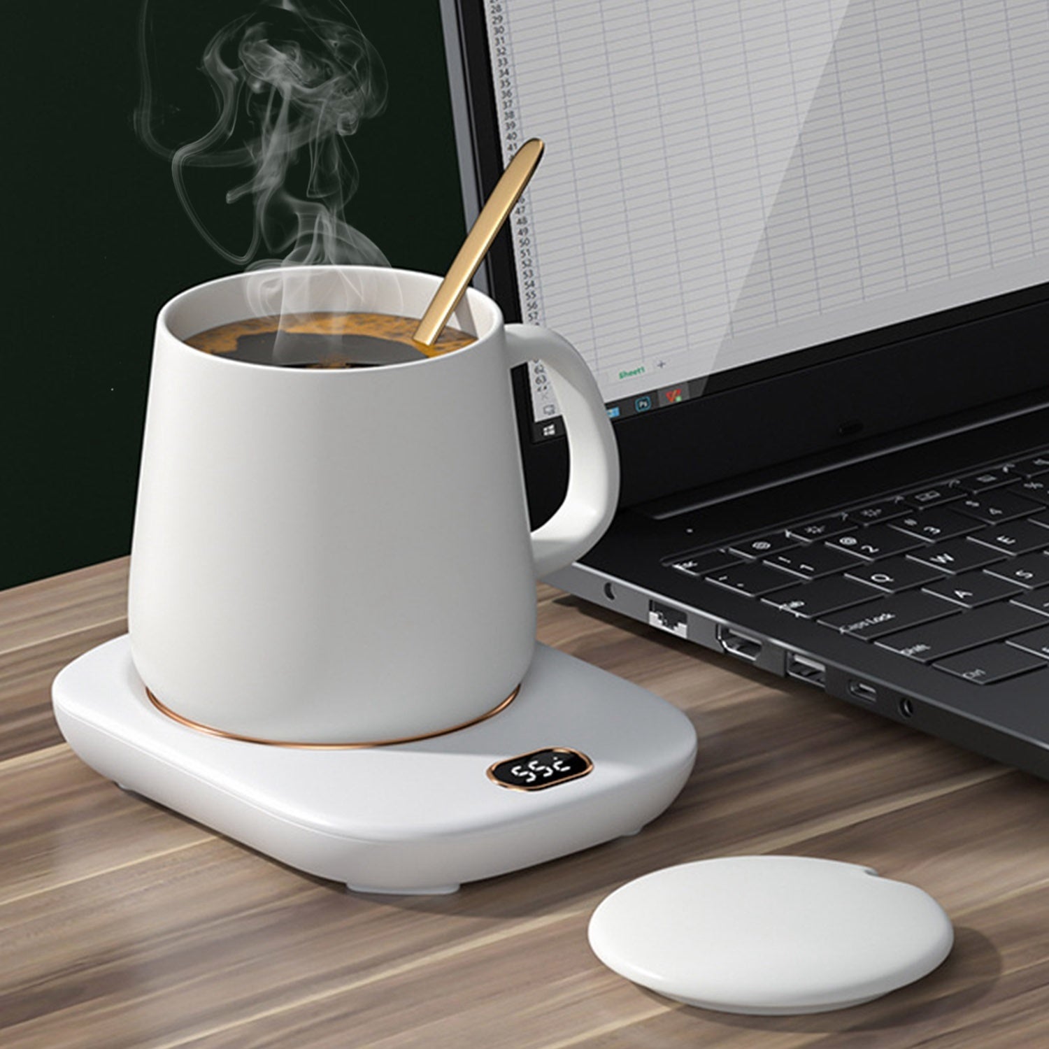 A pink Electric Coffee Mug Warmer for Desk Auto Shut off USB Tea Milk Beverage Cup 3 Temperature Setting with a digital display showing the temperature at 55 degrees Celsius and auto off feature.