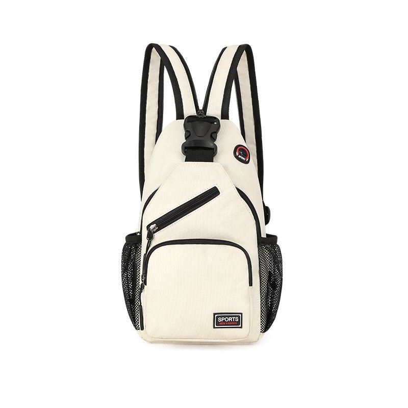 A small, cream-colored Colorpop Sling Bag with black zippers and trim, featuring two mesh side pockets and a sporty logo on the front.