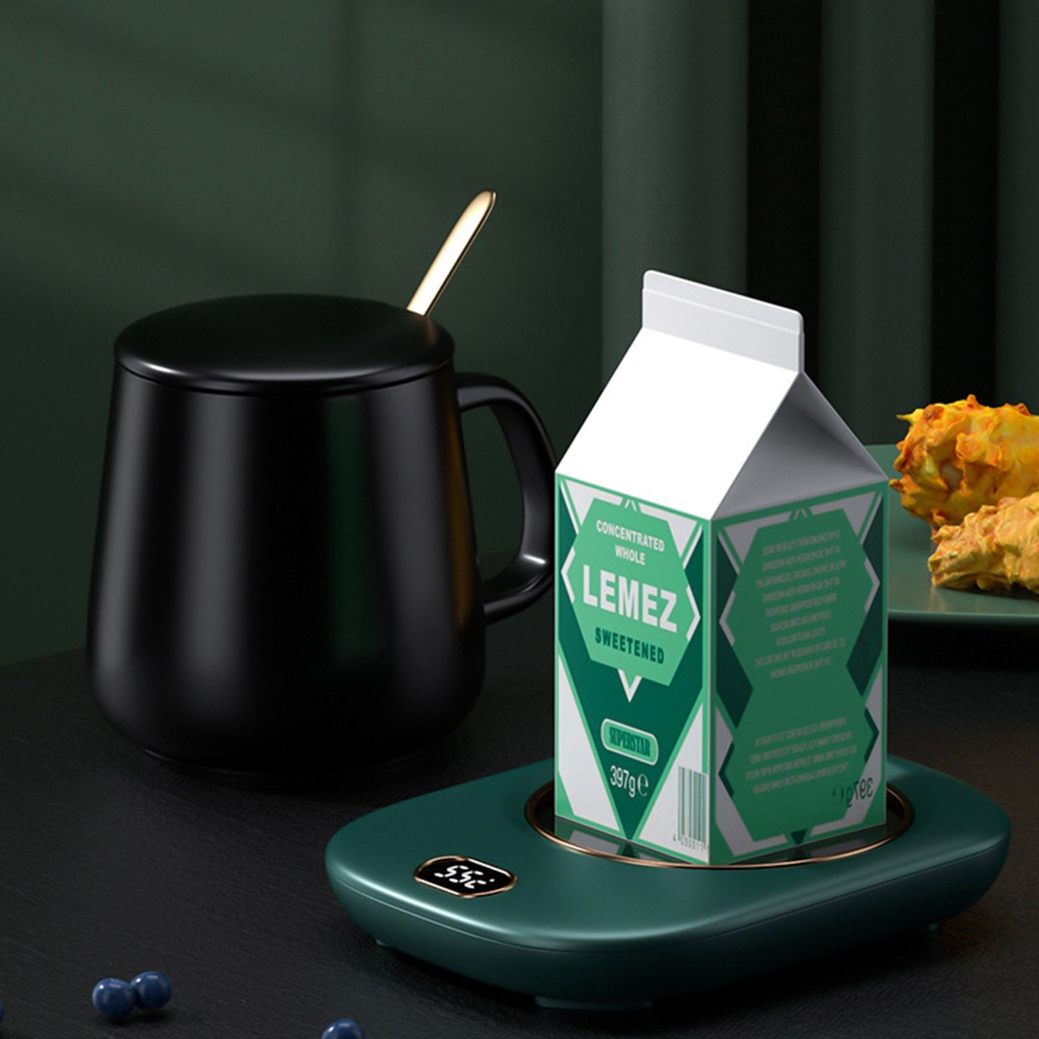 A pink Electric Coffee Mug Warmer for Desk Auto Shut off USB Tea Milk Beverage Cup 3 Temperature Setting with a digital display showing the temperature at 55 degrees Celsius and auto off feature.