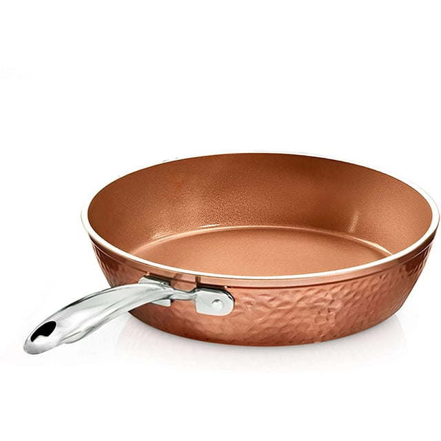 Hammered 10 inch, Copper-colored diamond-reinforced non-stick frying pan with a stainless steel handle and a transparent glass lid.