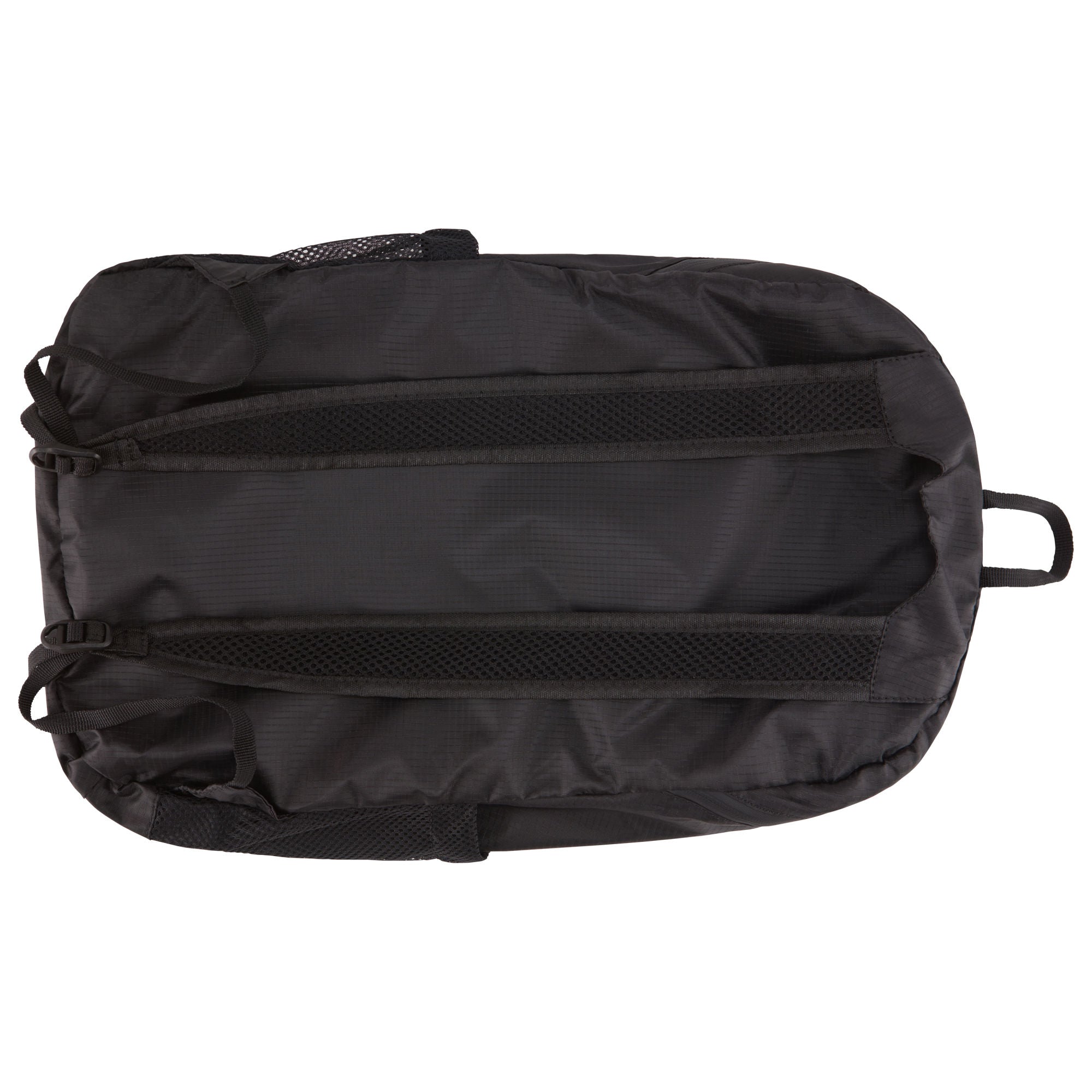 A hand holding a small, black HIKE Back- Folding Backpack with a white hiker icon printed on it, isolated against a white background.