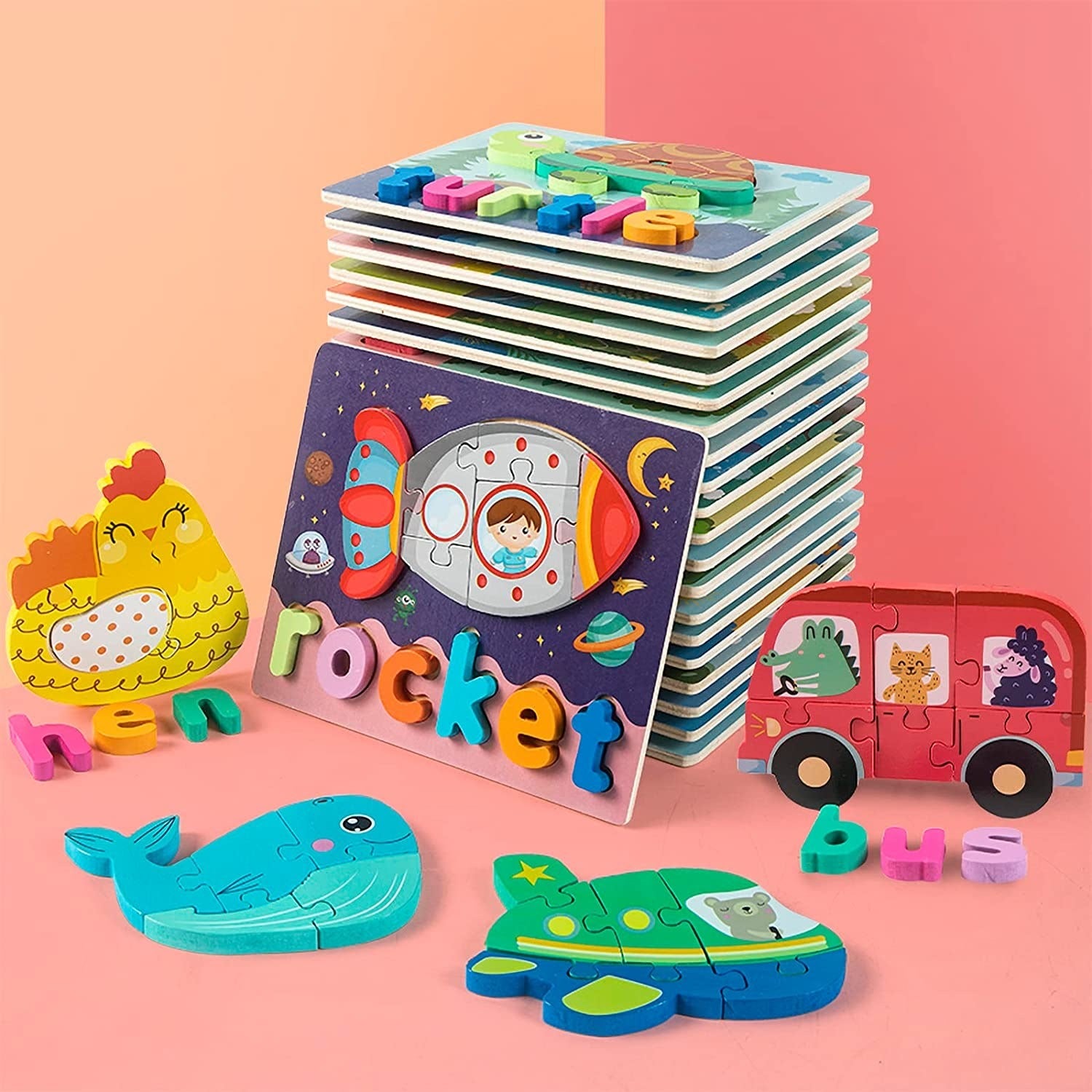 Collection of 10 Pack Wooden Toddler Puzzles Spelling with names displayed, including a tiger, lion, and parrot, arranged on a white background.