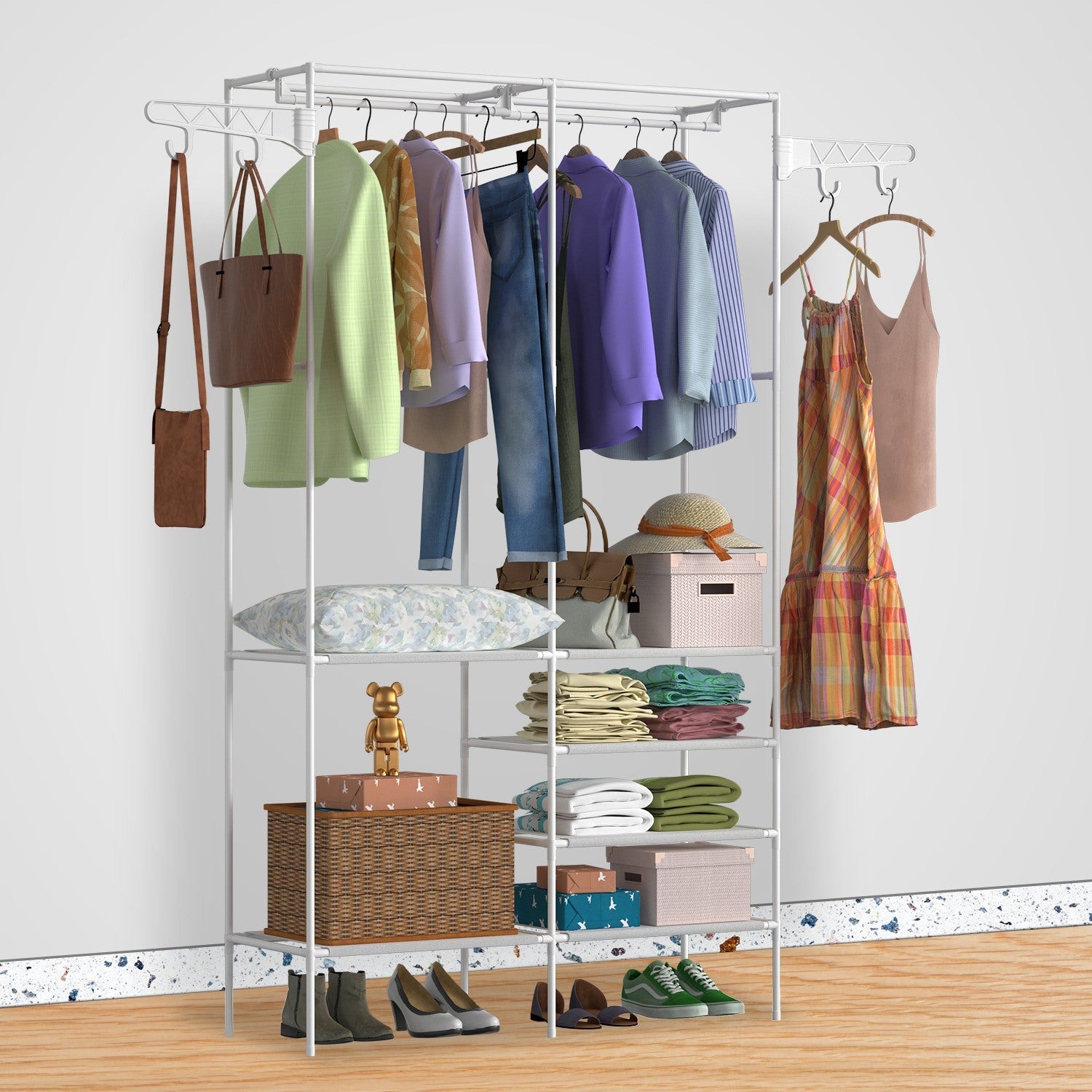 Black Metal Garment Rack Shoe Clothing Organizer Shelves Freestanding Multifunctional Clothes Wardrobe with multiple shelves and hanging bars, featuring additional hooks on the top side for extra storage.