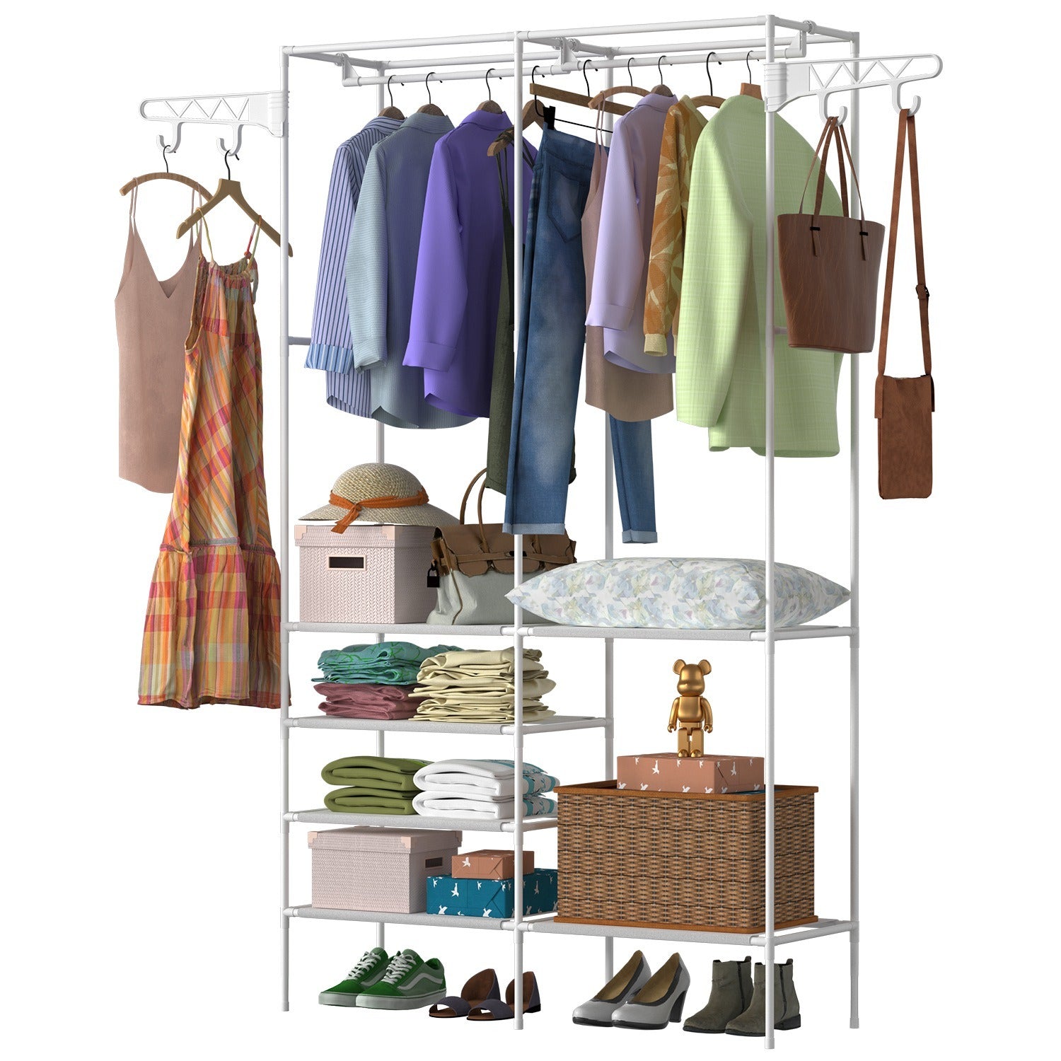Black Metal Garment Rack Shoe Clothing Organizer Shelves Freestanding Multifunctional Clothes Wardrobe with multiple shelves and hanging bars, featuring additional hooks on the top side for extra storage.