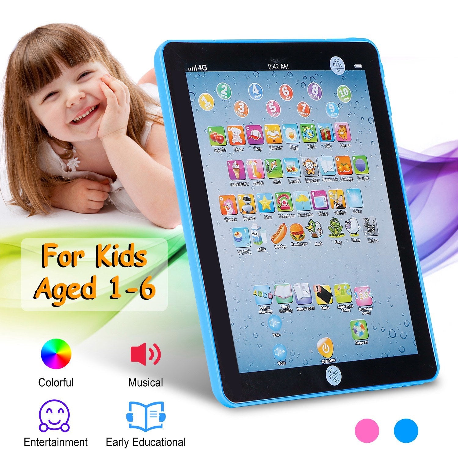 A young girl smiles while leaning on her arm next to an advertisement for a Baby Learning Tablet Educational Mini Pads Toys Touch Learn Toddler Tablet For ABC Numbers Words Gift, highlighting apps for kids aged 1-6.