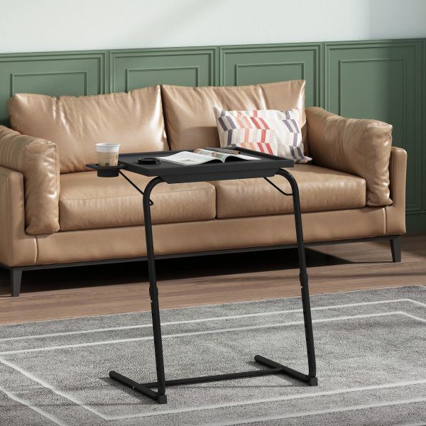 Black Adjustable TV Tray Table with Cup Holder;  Folding TV Dinner Table with 6 Height and 3 Tilt Angle Adjustments, isolated on a white background.