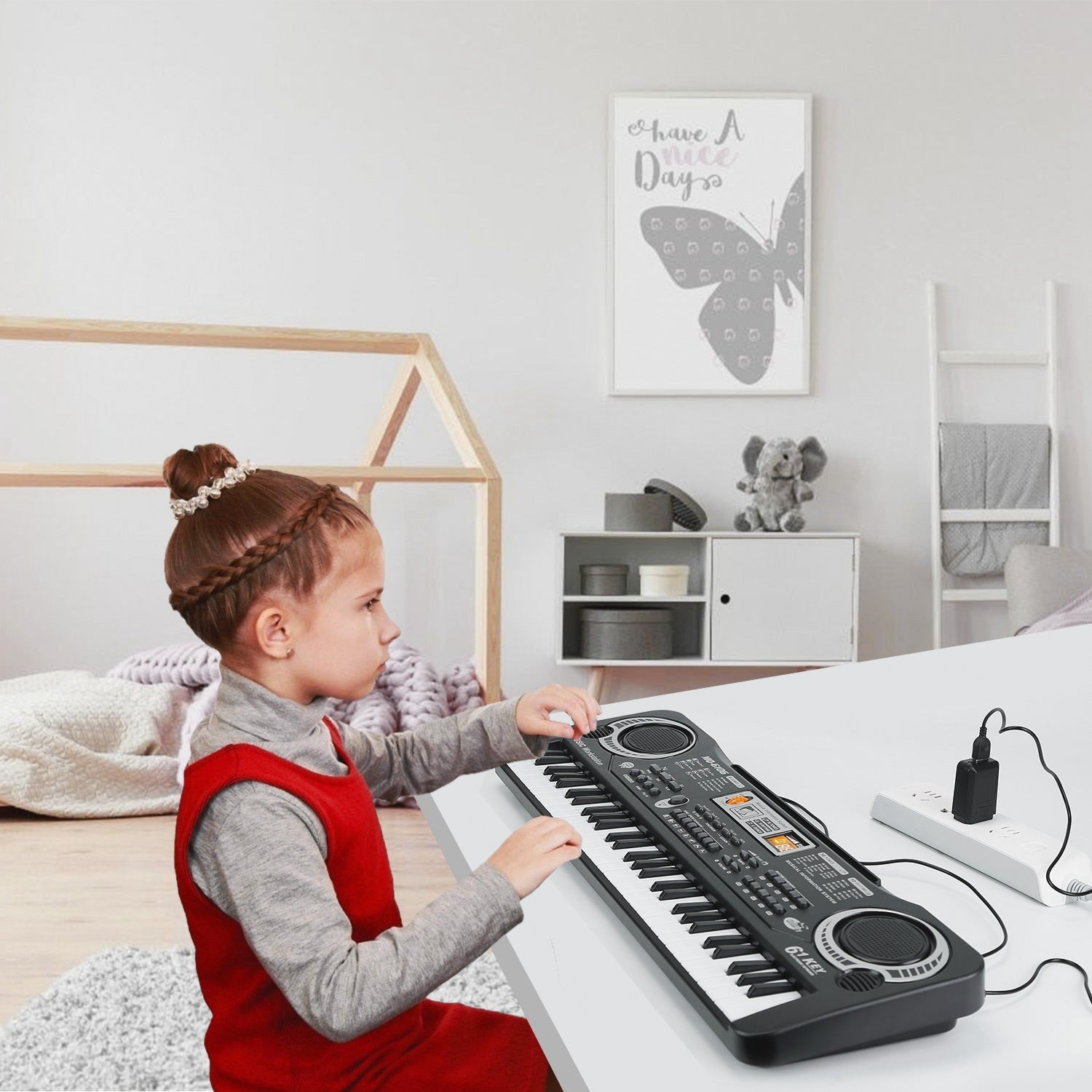Collage of children playing musical instruments and a 61 Keys Digital Music Electronic Keyboard Electric Piano Musical Instrument Kids Learning Keyboard with features highlighted, including keys, tones, and accessories.