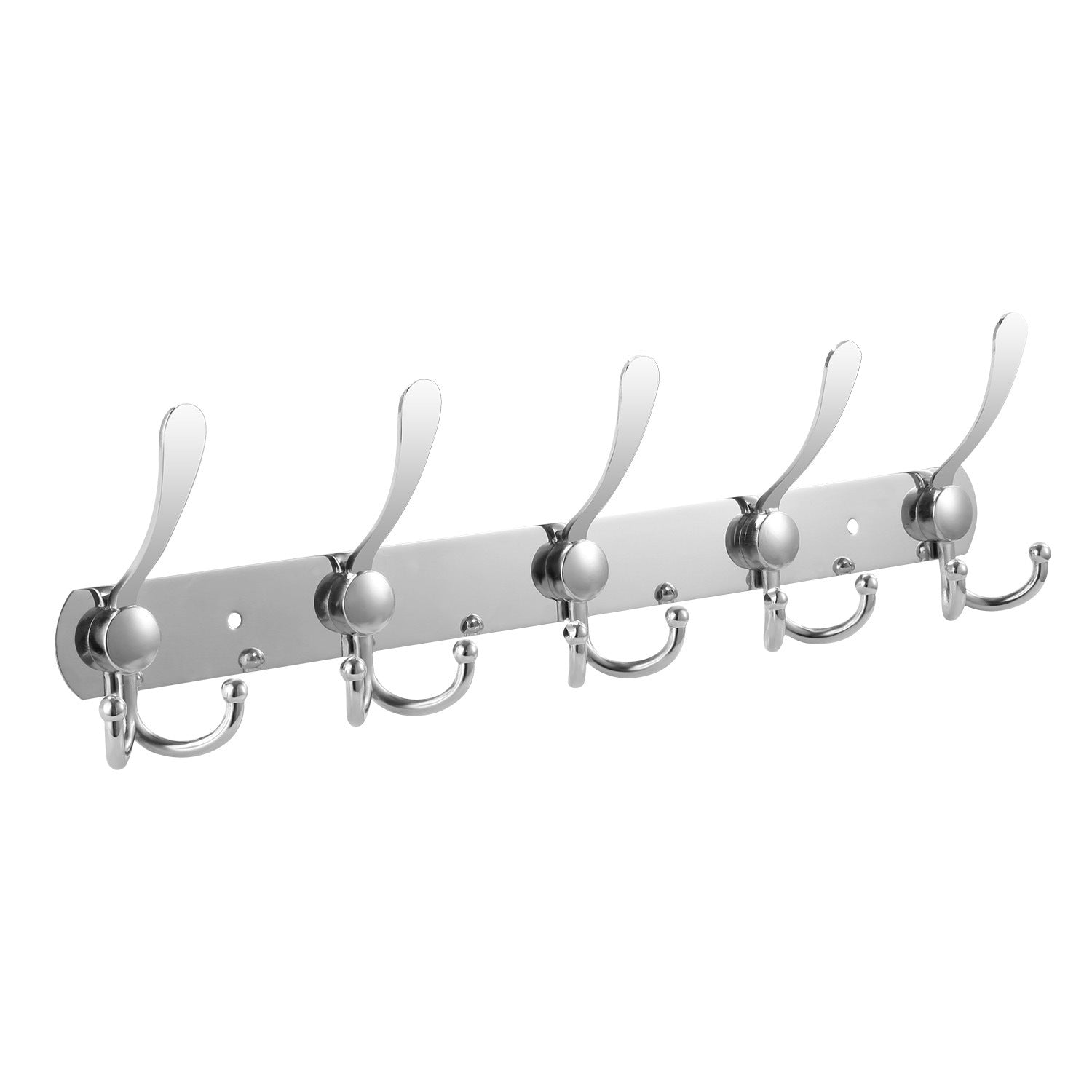 Wall Mount Coat Hook with fifteen stainless steel double hooks on a sleek, horizontal board, isolated on a white background.